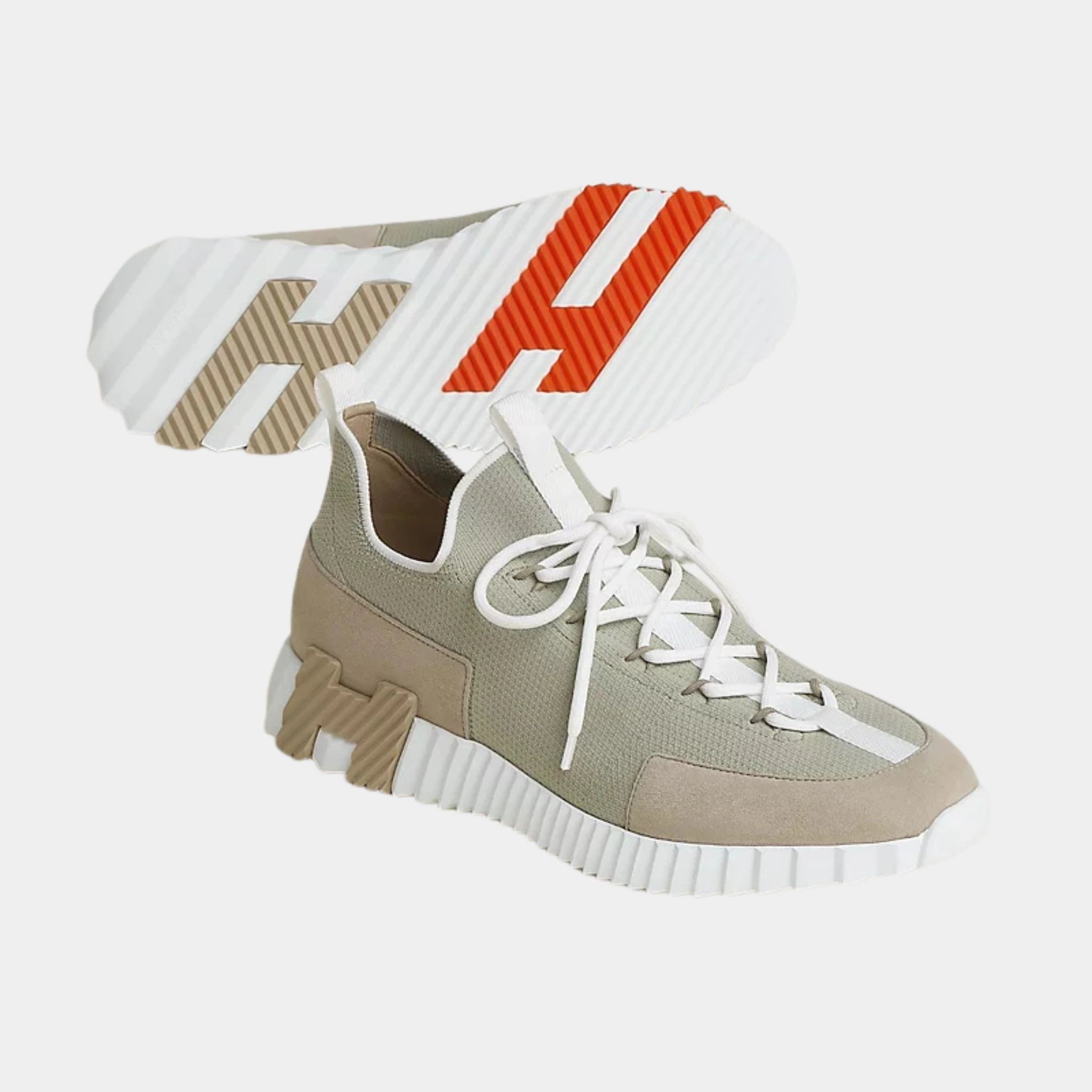 Hermes Lift Slip-On Sneaker Knit & Suede Goatskin ,Beige Esquisse, Front and Bottom