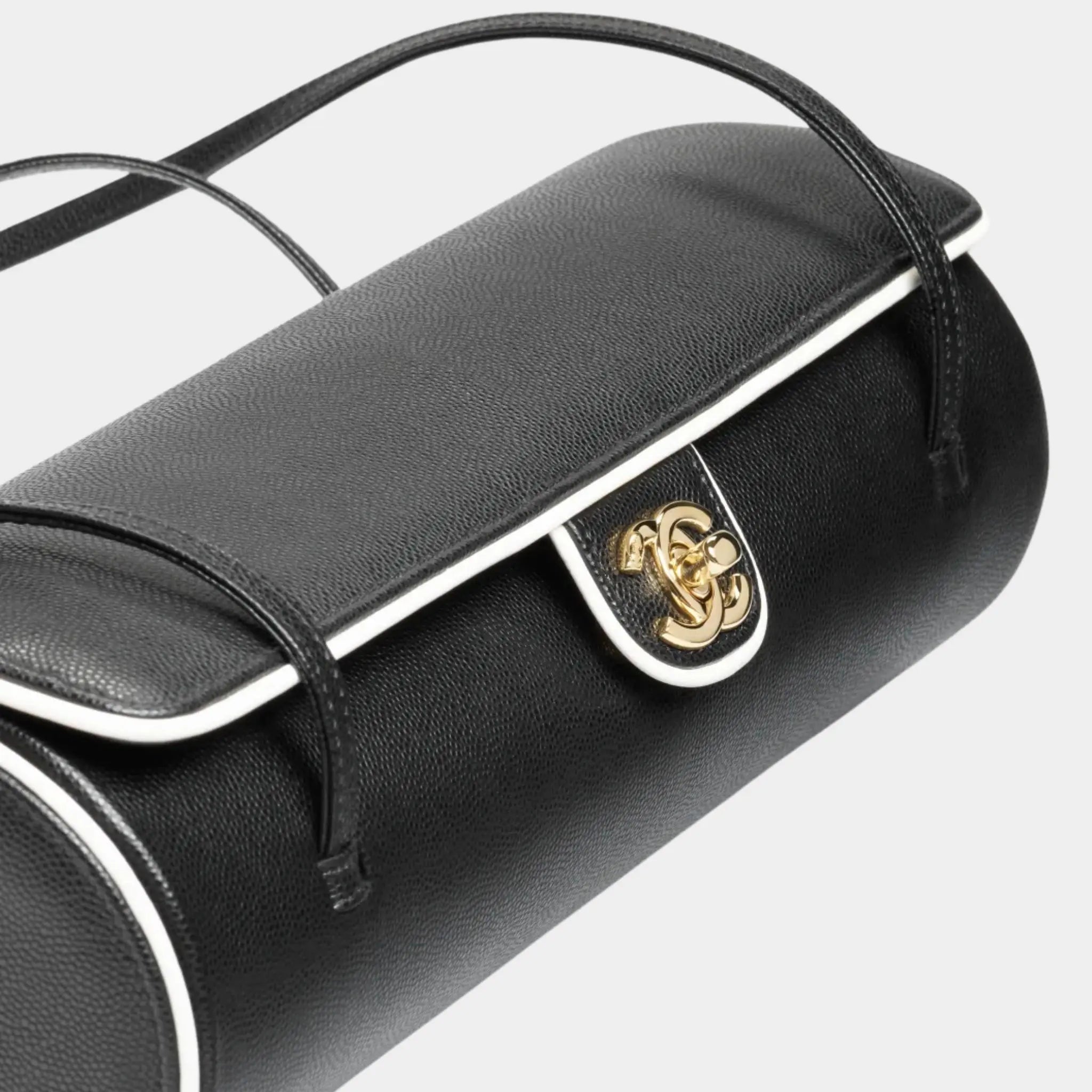 Large Bowling Bag Grained veal lamb & Gold-Plated Metal Black & white