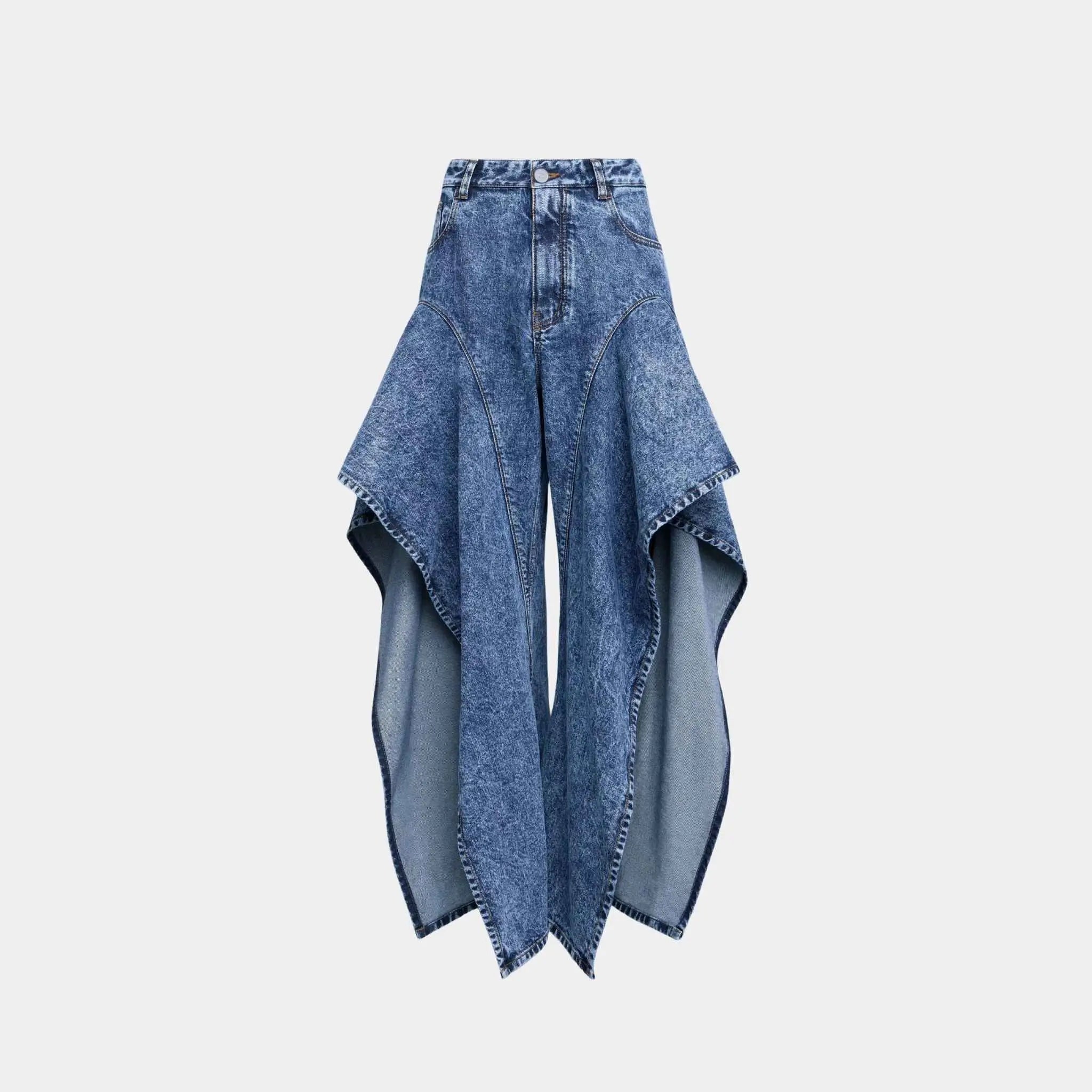 Alaia Assymetrical Ruffle Pants in Snow Denim, Front