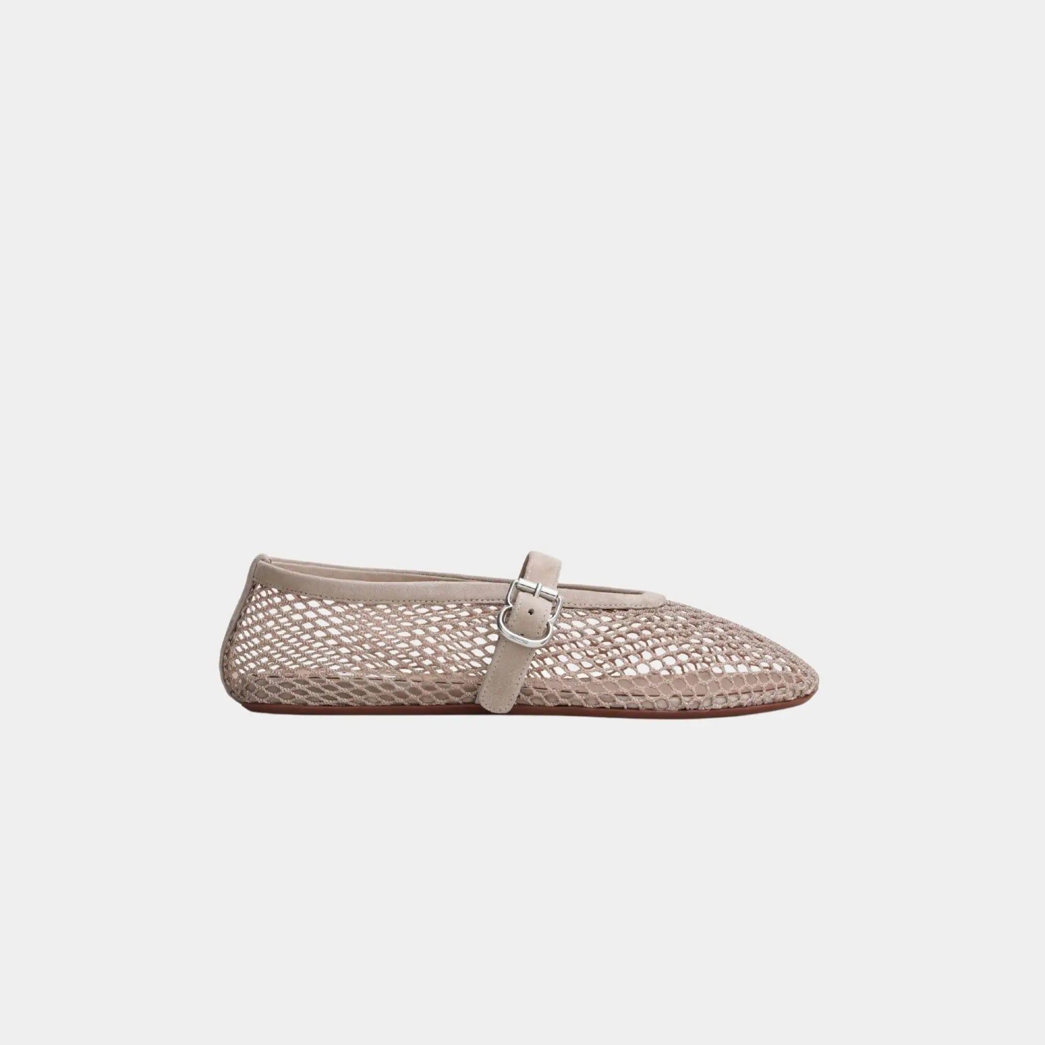 Alaia Ballet Flats in Fishnet and Suede Goatskin, Grege, Side