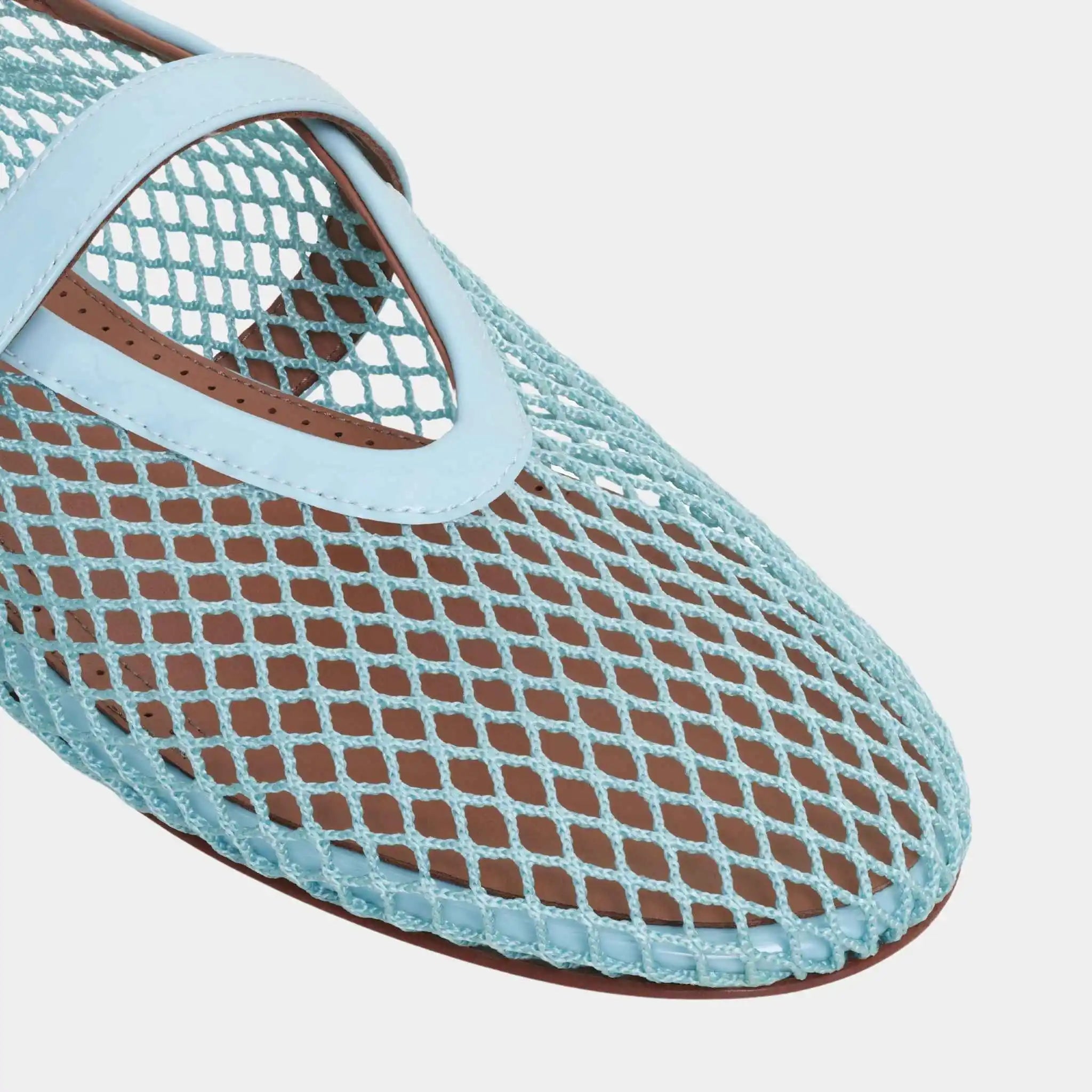 Alaia Ballet Flats In Fishnet, Lagoon Blue, Close Up View