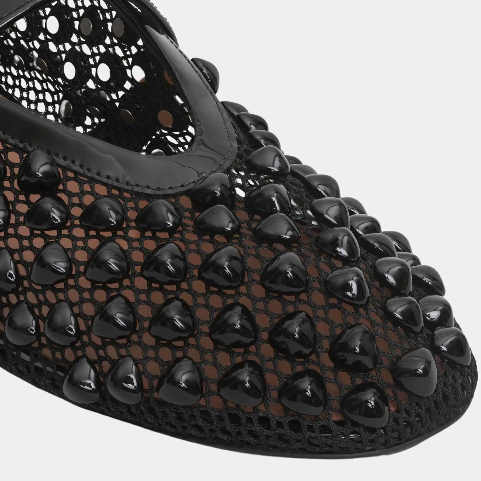 Alaia Ballet Flats With Studs On Fishnet, Black, Top, Closeup