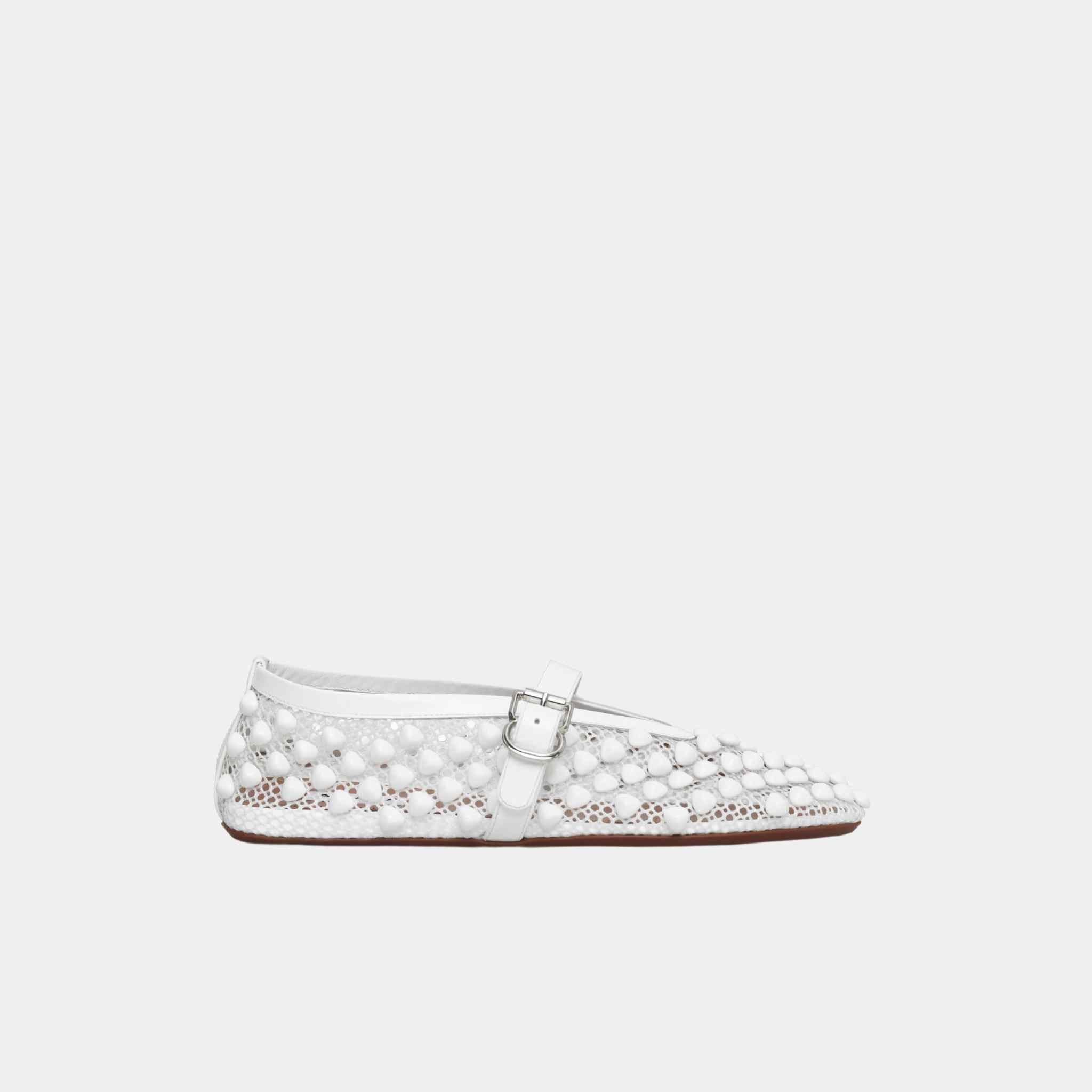 Alaia Ballet Flats With Studs On Fishnet, White, Side,