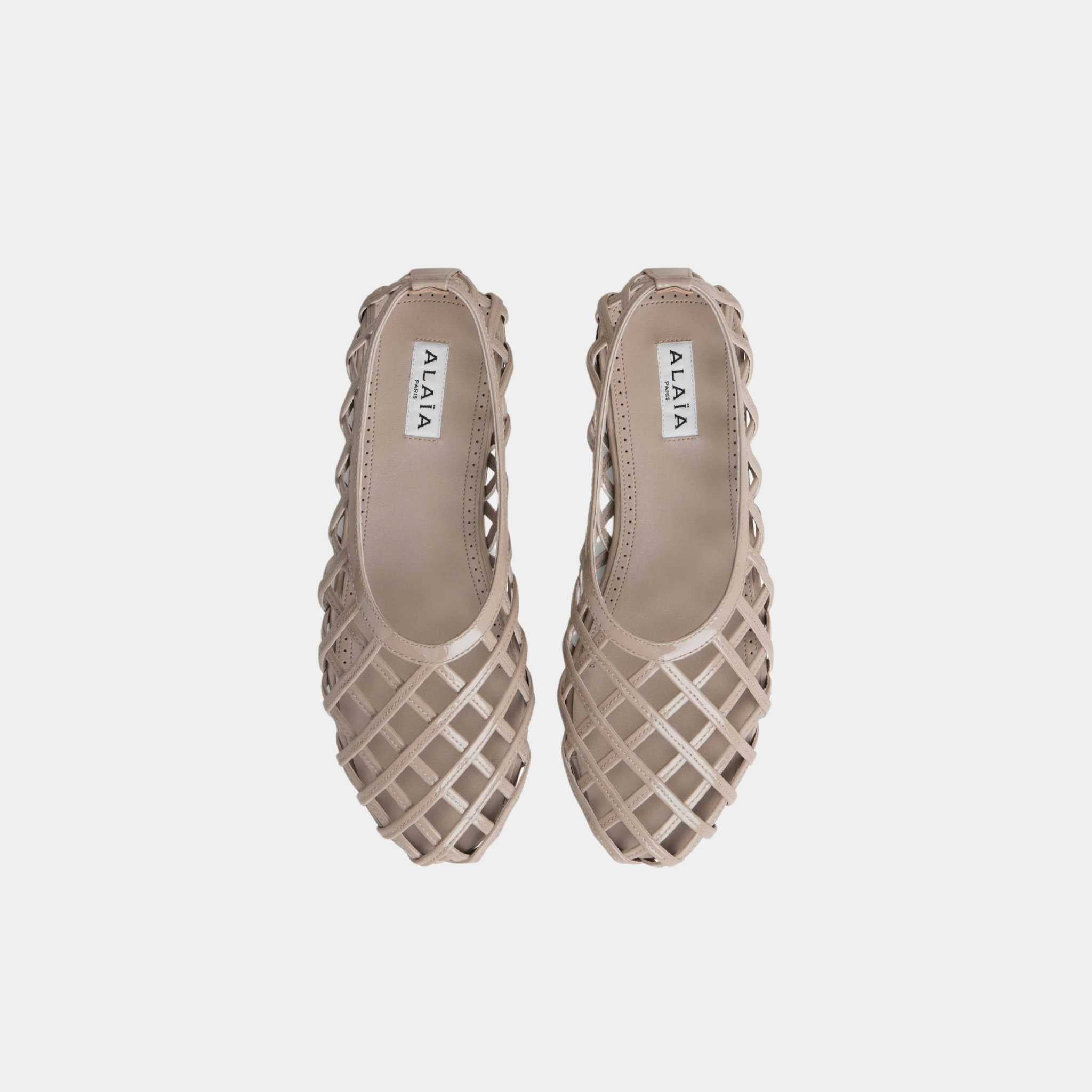 Alaia Cage Patent Leather Ballerinas, Grege, Top
