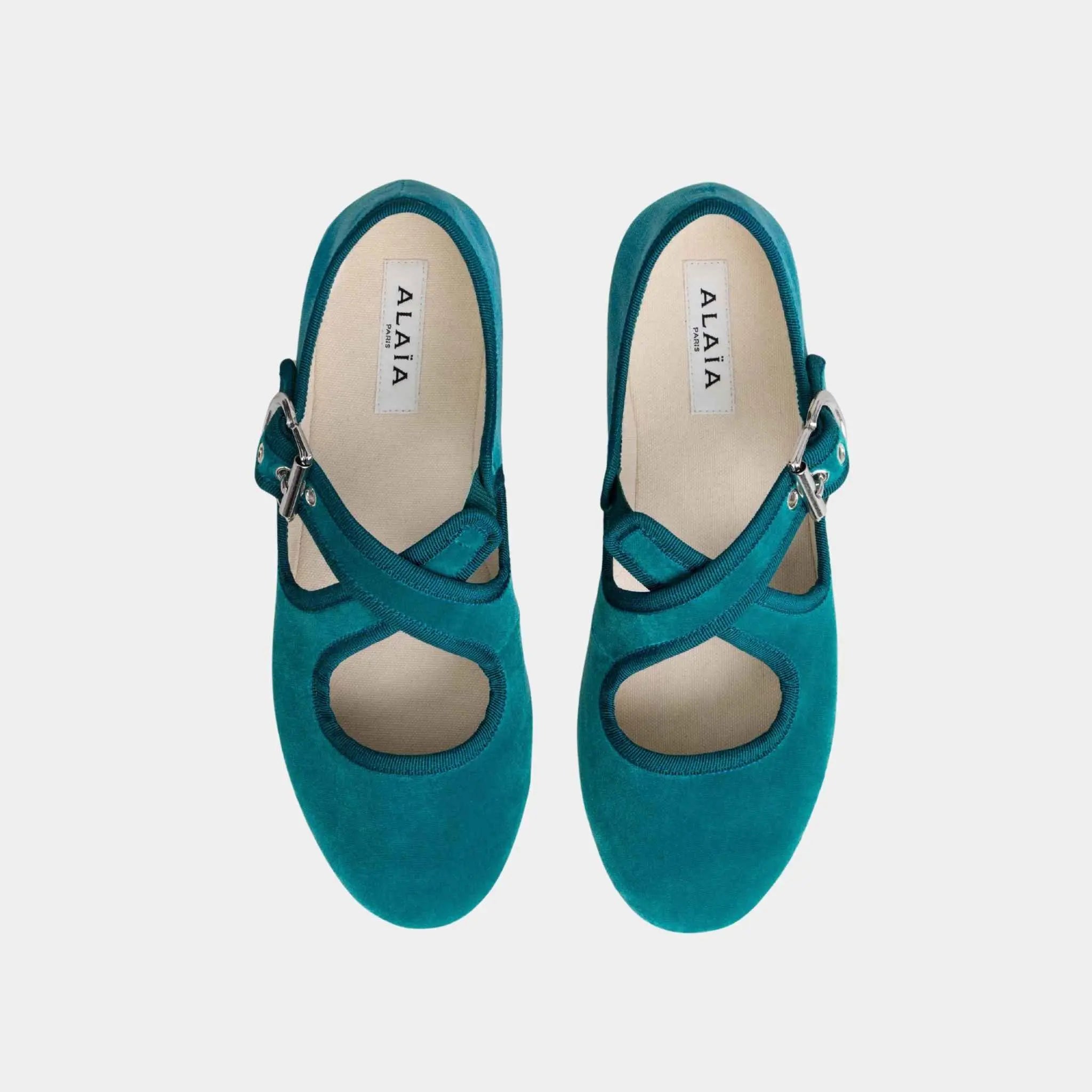 Alaia Criss Cross Ballet Flats in Velvet, Green, Top
