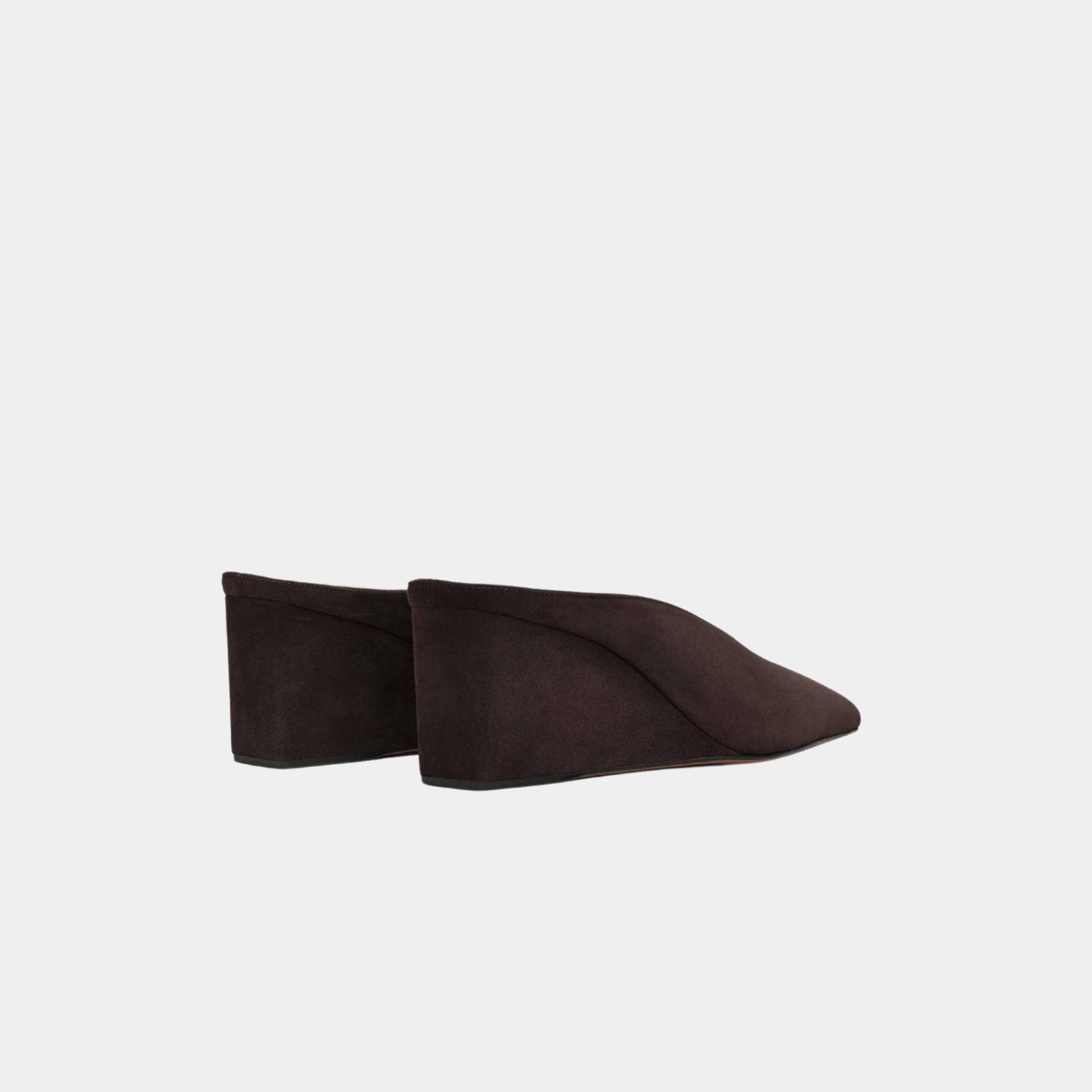 Alaia Cube Wedge Mules In Suede Goatskin, Dark Brown, Back