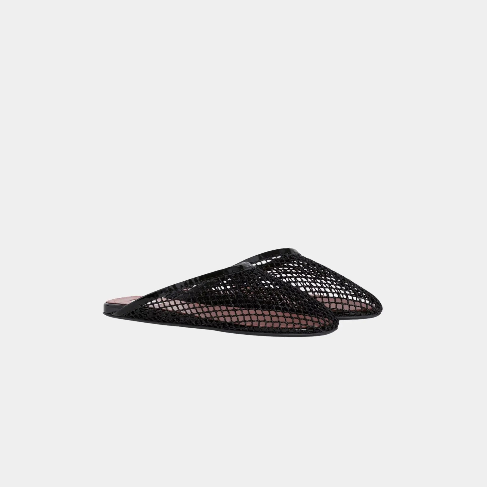 Alaia Flat Mules in Fishnet, Black, Front