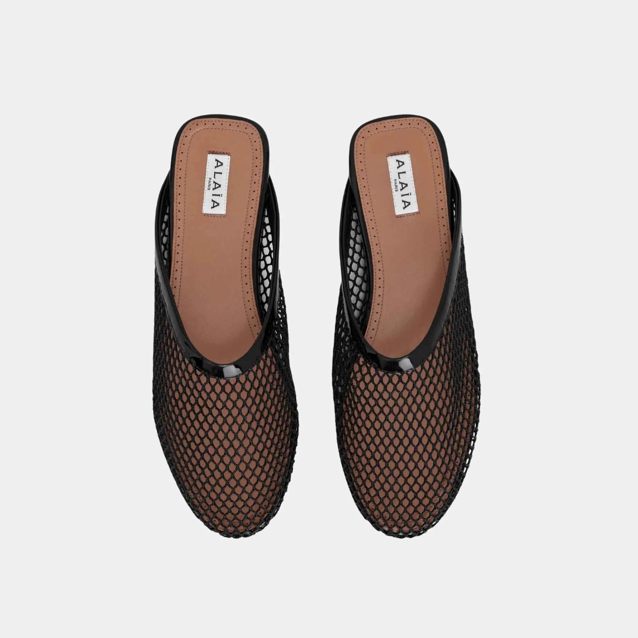 Alaia Flat Mules in Fishnet, Black, Top