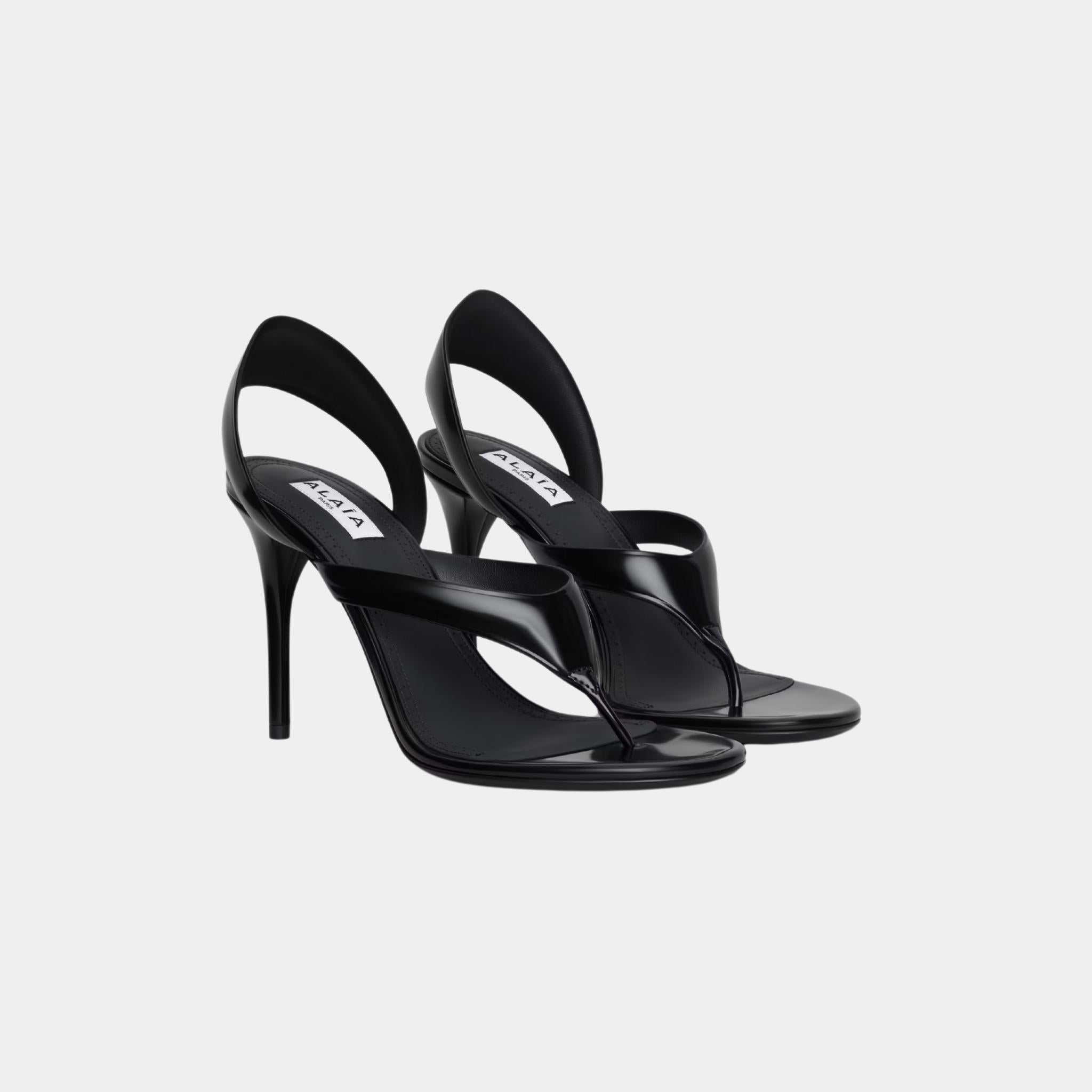 Alaia Infradito Calfskin Leather Sandals, Black, Front