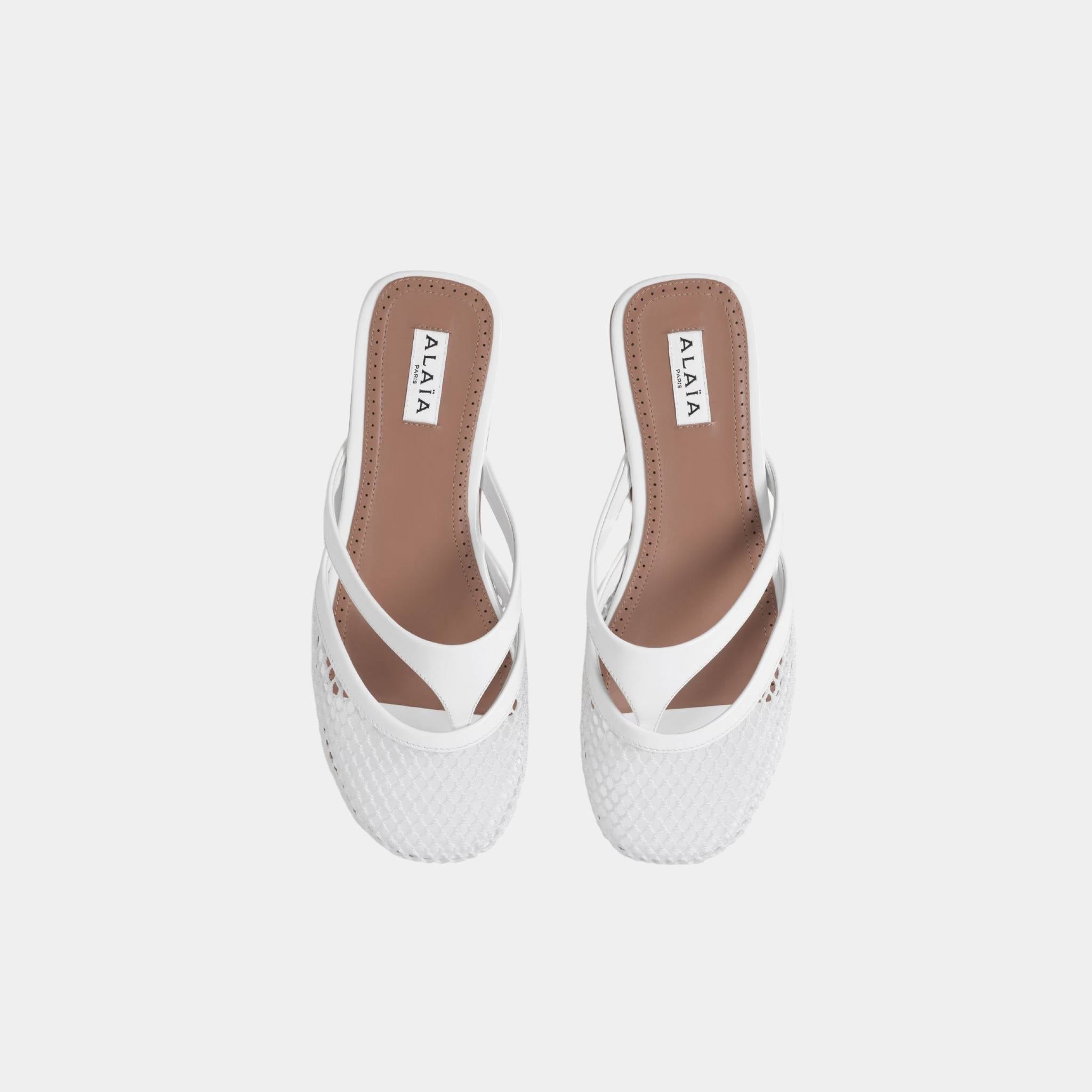 Alaia Infradito Flat Mules In Fishnet And Patent Leather, White, Top