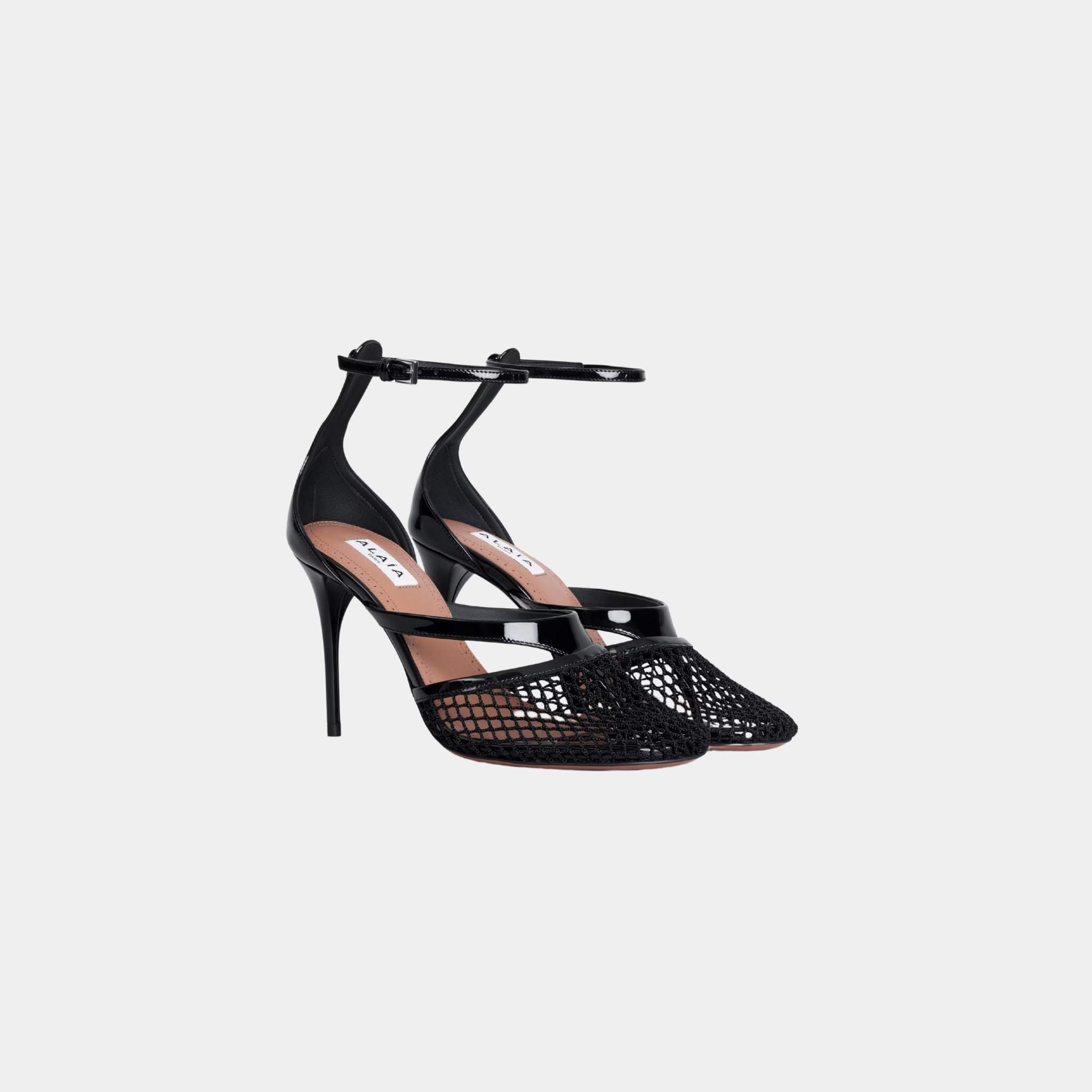 Alaia Infradito Sandals In Fishnet And Patent Leather, Black, Front