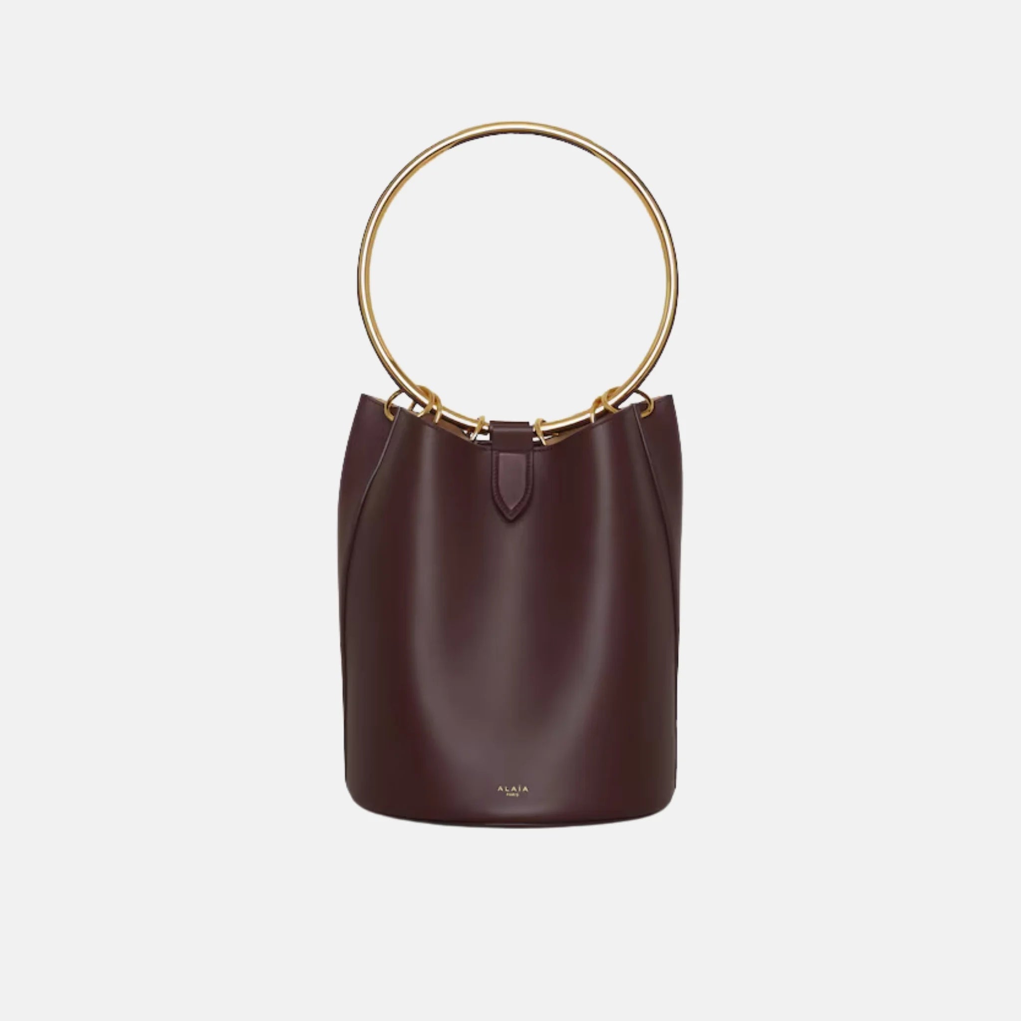 Alaia Ring Large Bucket Bag In Calfskin, Chocolate, Front