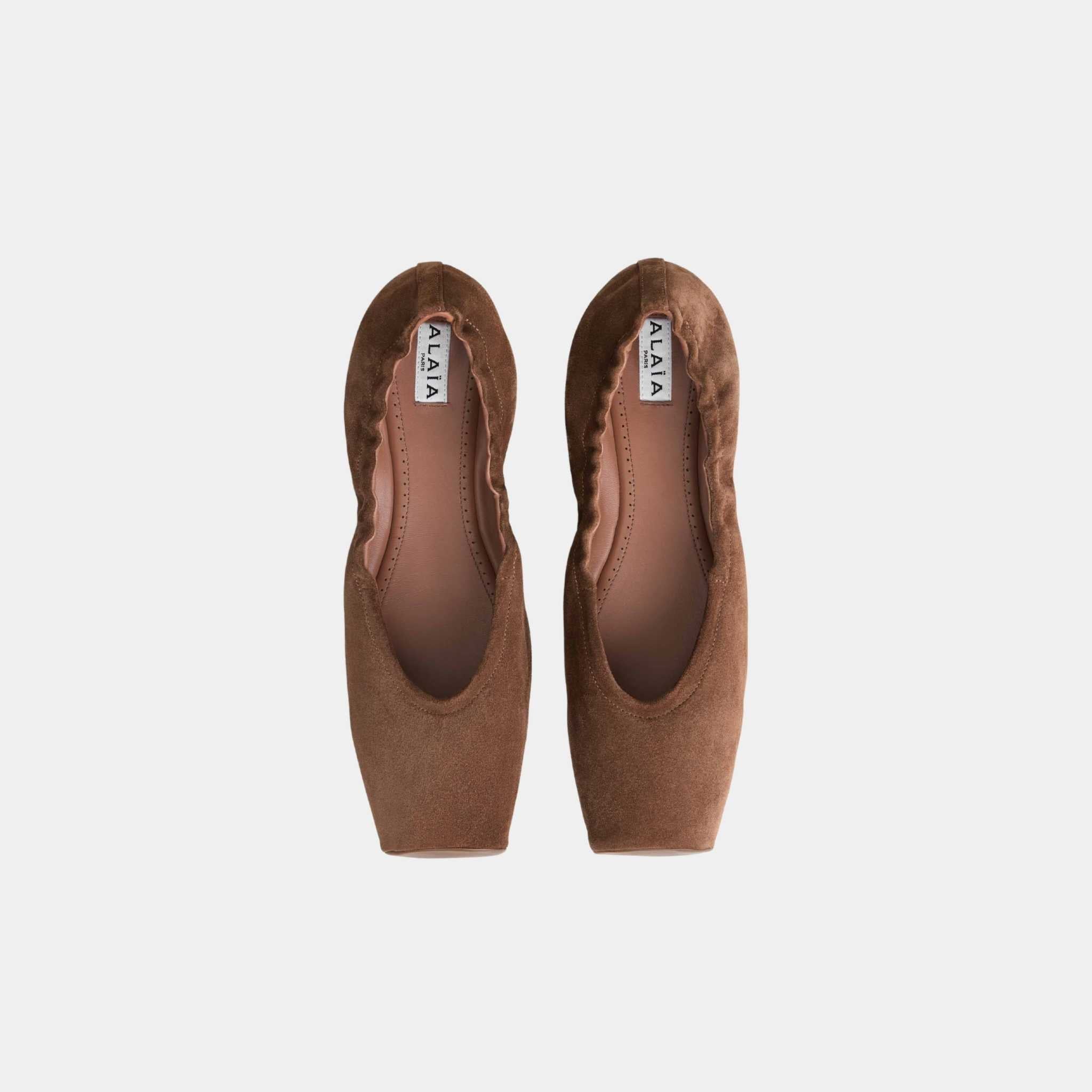 Alaia Square Toe Ballet Flats In Leather, Umber, Top