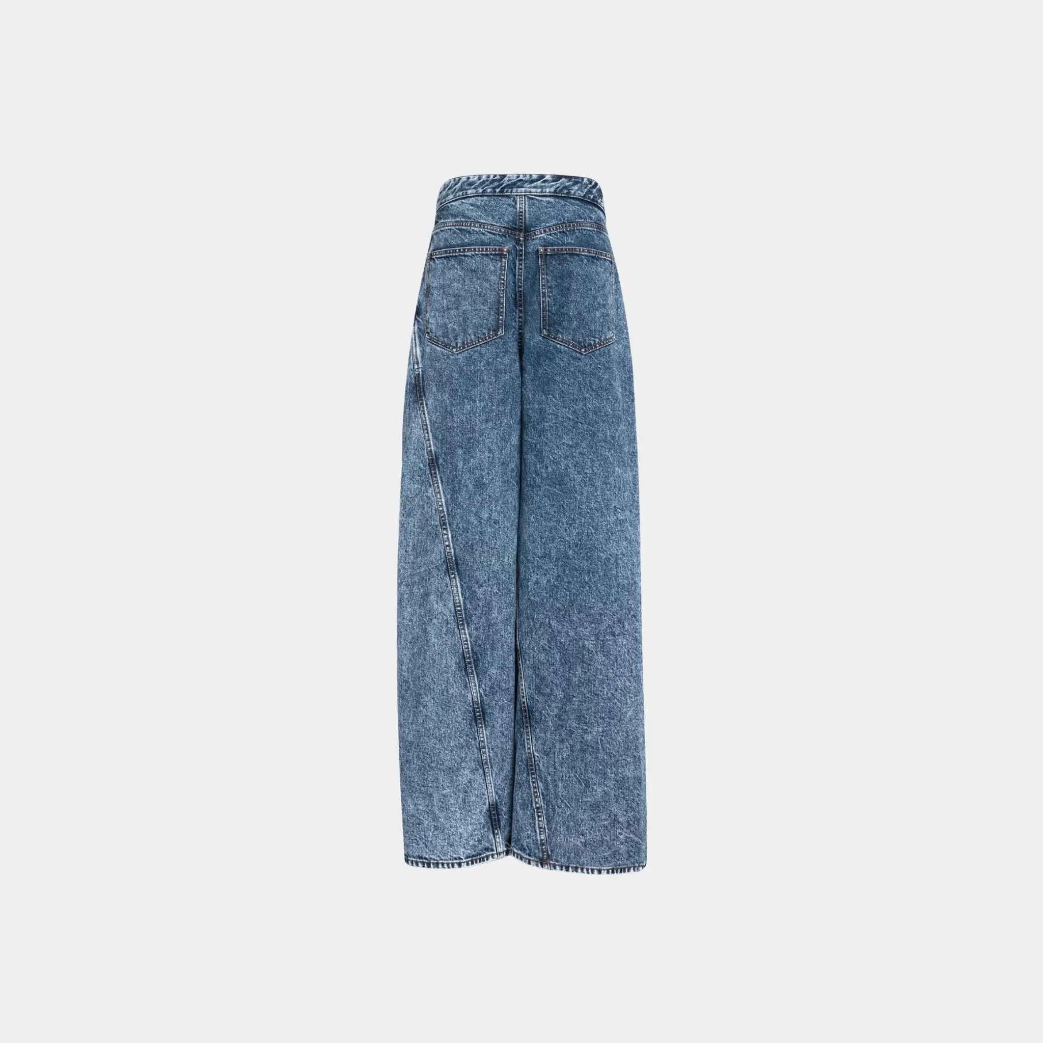 Alaia Wide Leg Wrap Jeans in Stonewashed Denim, Blue, Back