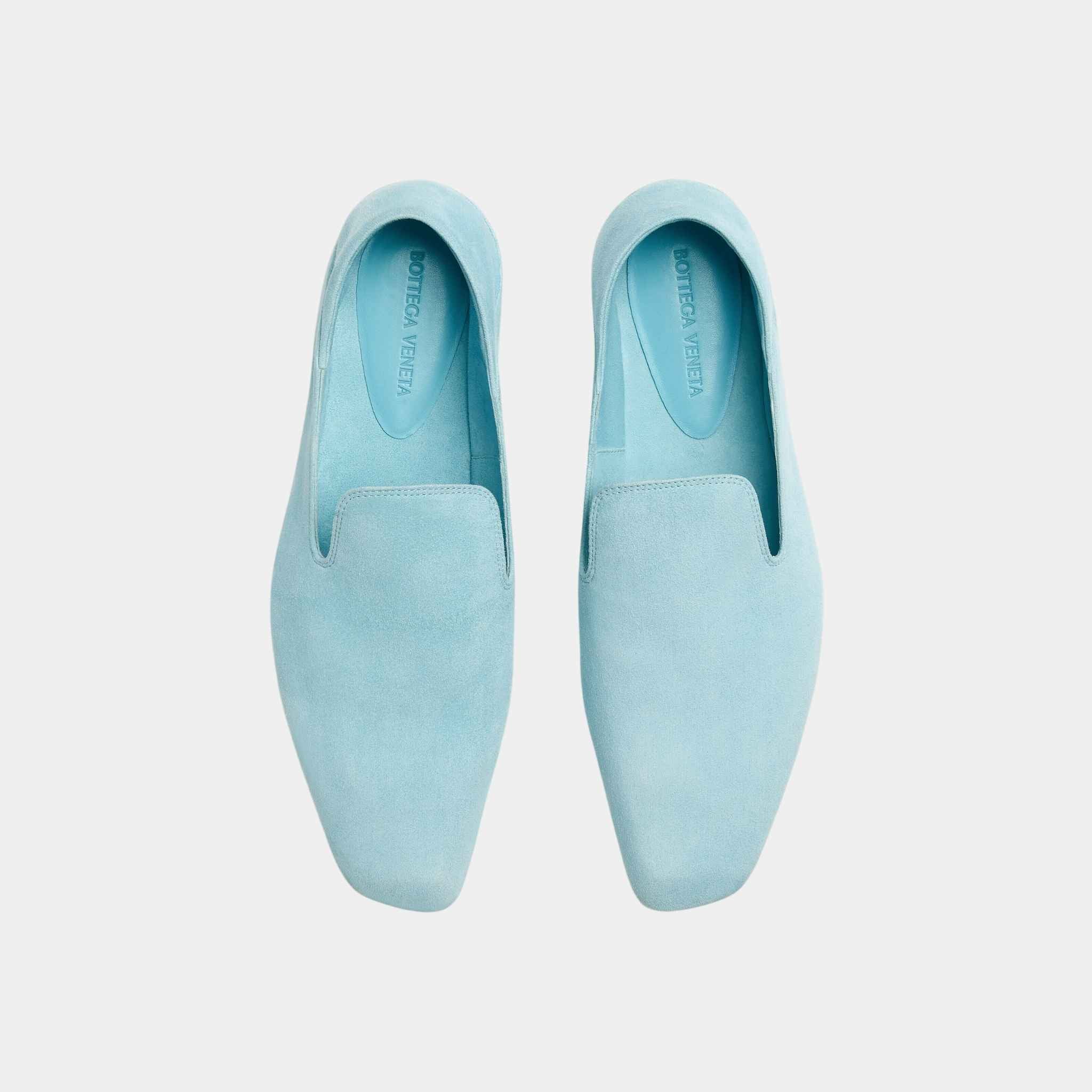 Bottega Veneta Adamo Supple Slipper Suede Foldable Backstay, Pale Blue, Top