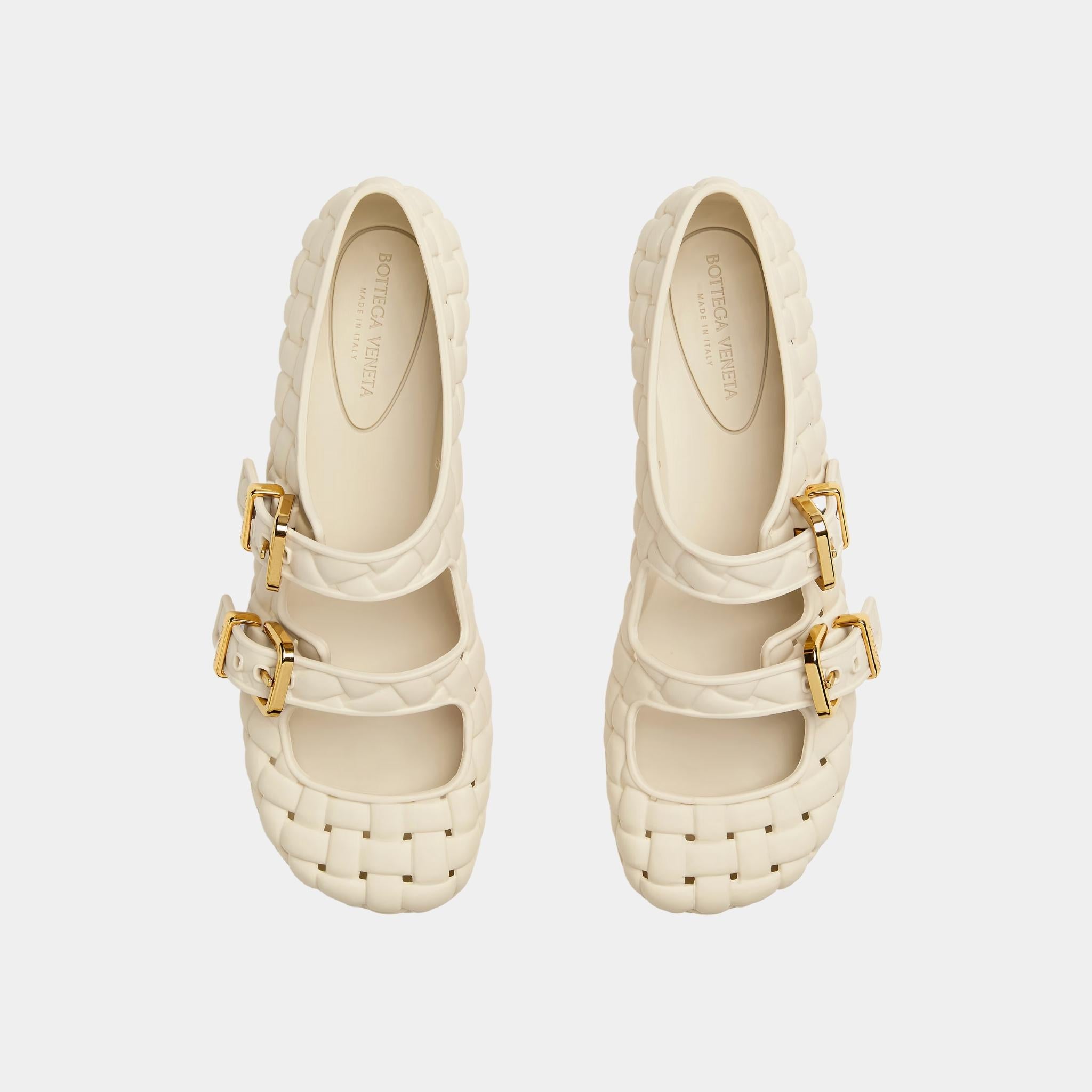 Bottega Veneta Amy Mary-Jane Ballerina Rubber with Inteccio Pattern, Sea Salt, Top