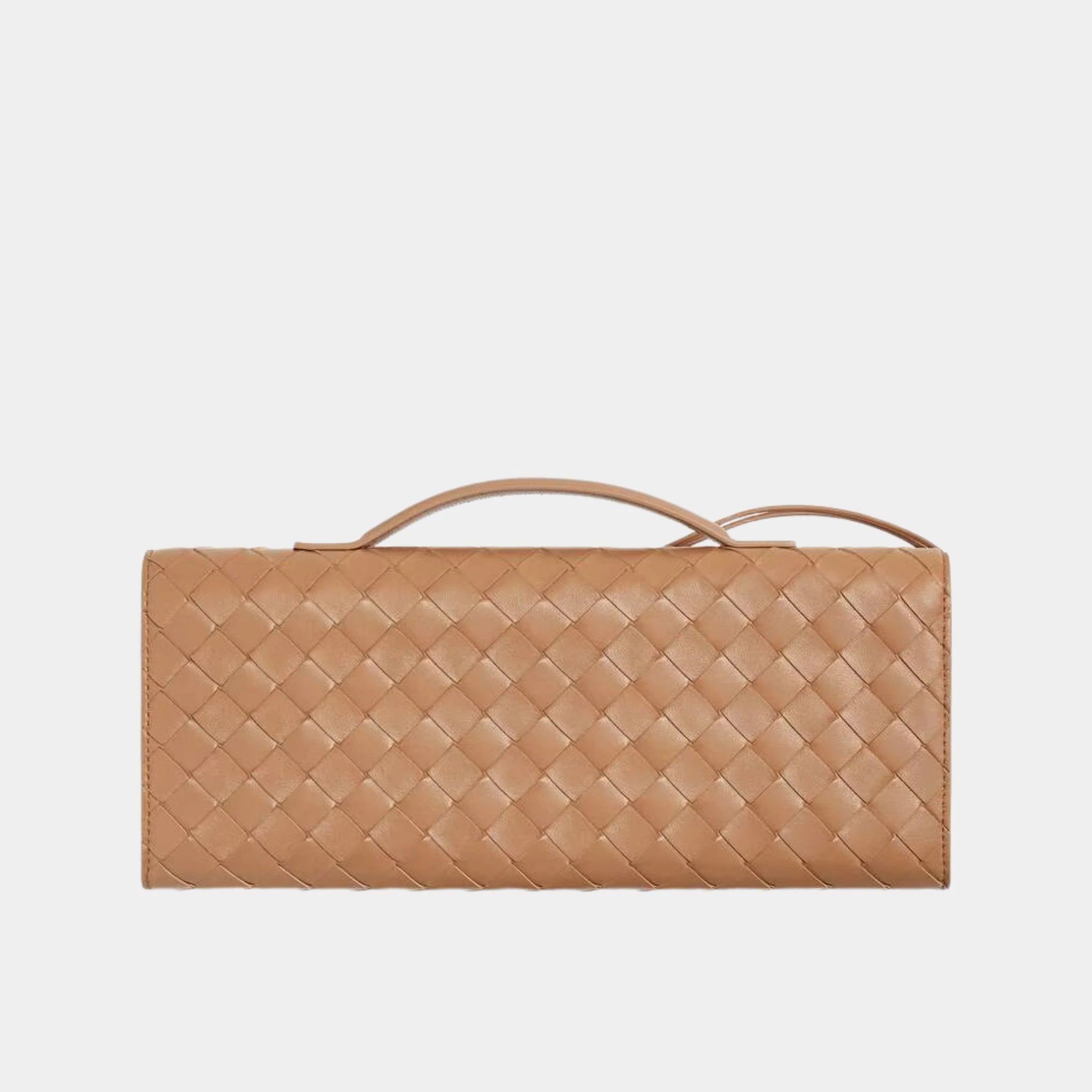 Bottega Veneta Andiamo Top Handle Clutch Intrecciato Leather, Pale Brown, Back