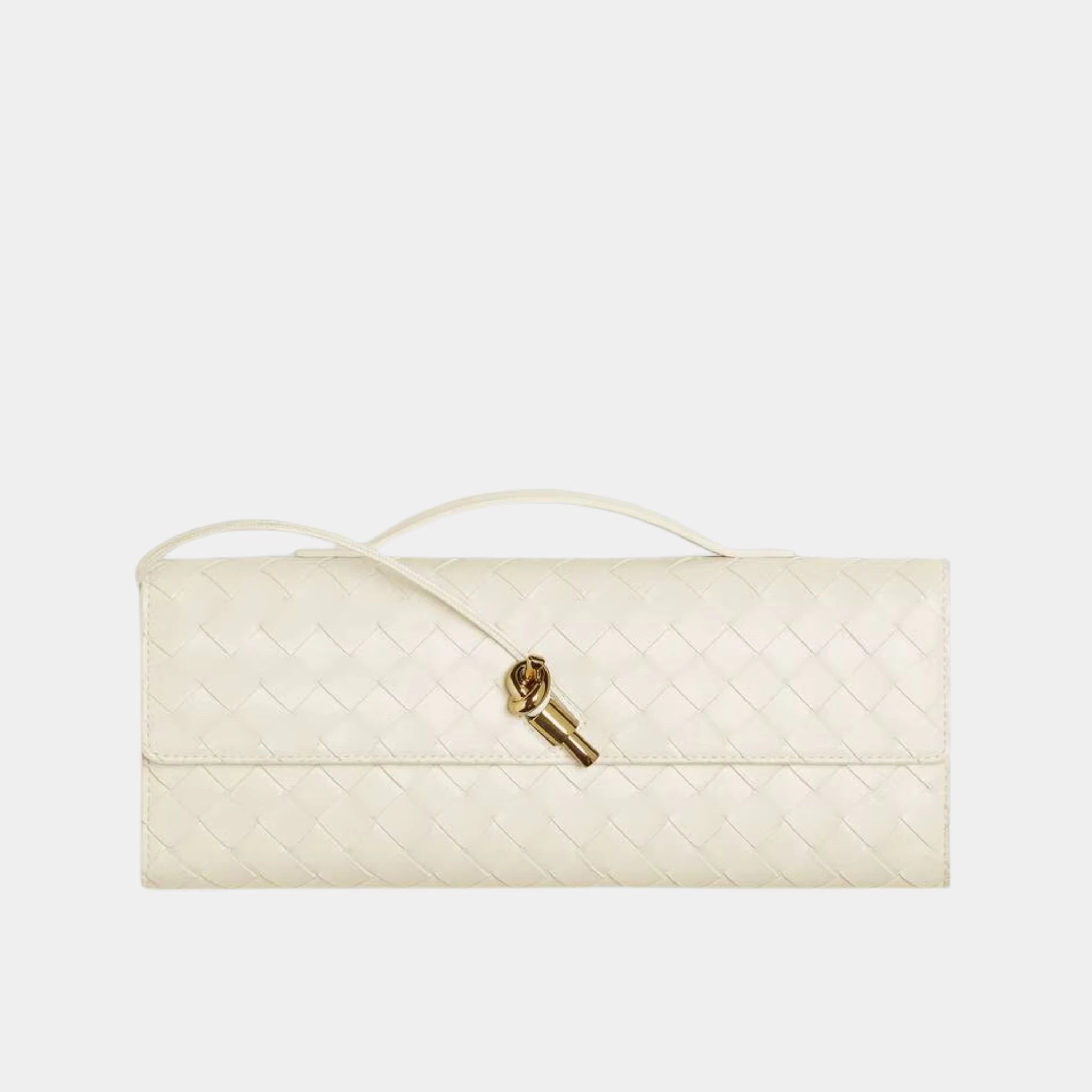 Bottega Veneta Andiamo Top Handle Clutch Intrecciato Leather, Sea Salt, Front