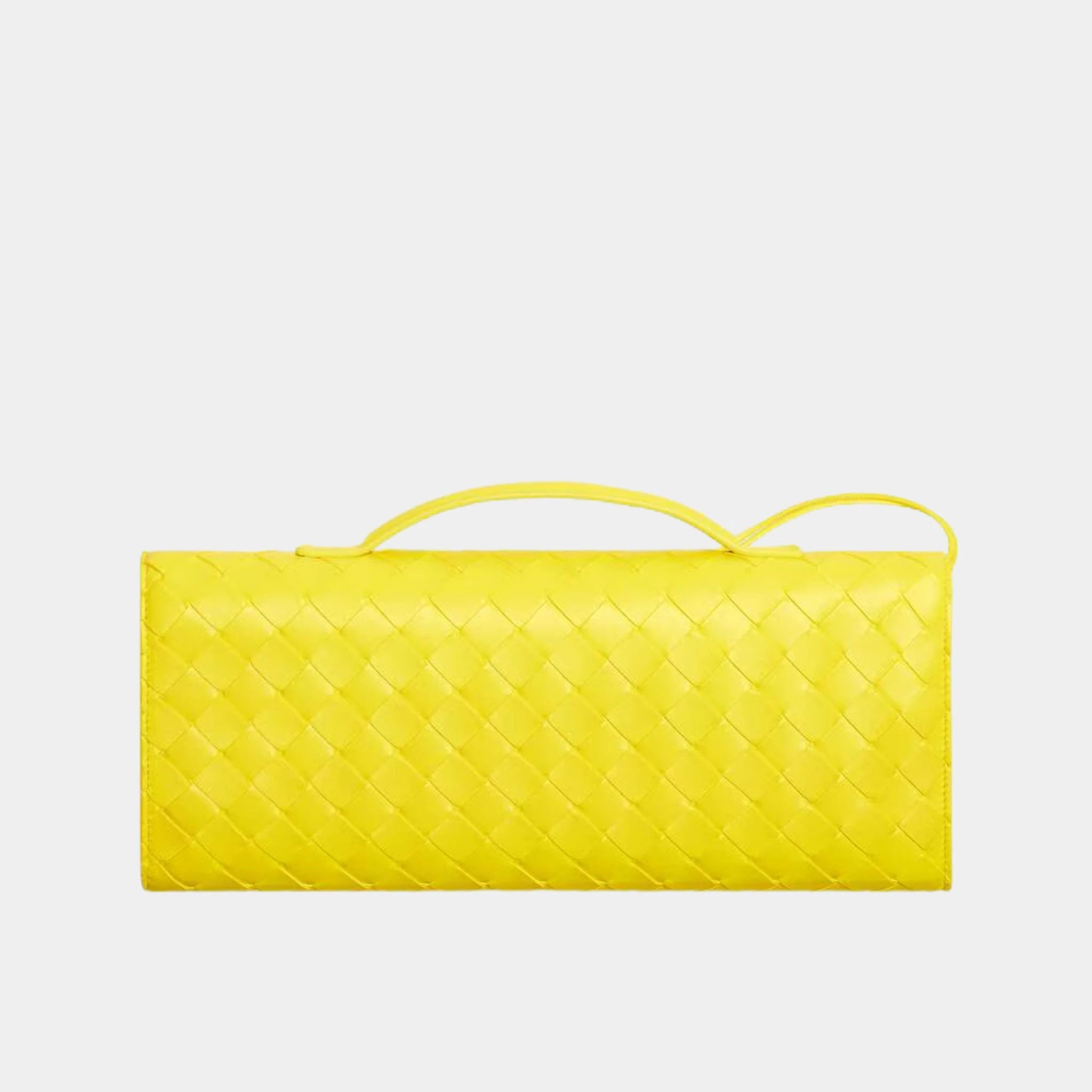 Bottega Veneta Andiamo Top Handle Clutch Intrecciato Leather, Sulfur, Back