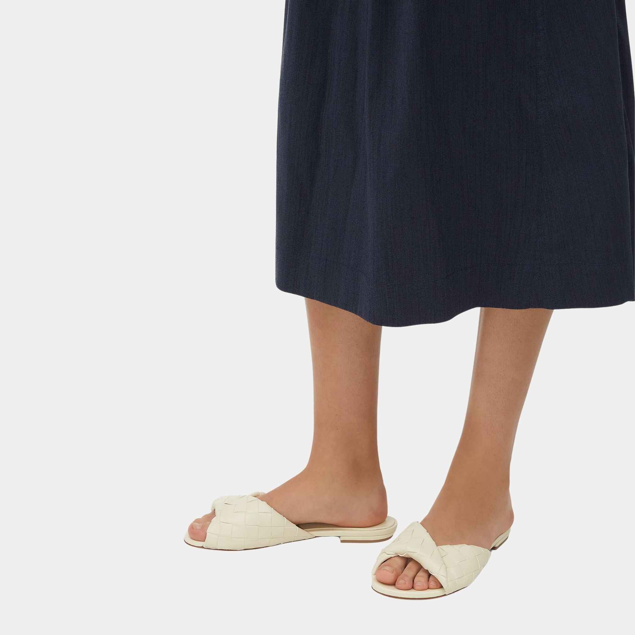 Bottega Veneta Blink Flat Mule Folded Detail in Intrecciato Leather, Sea Salt, Model