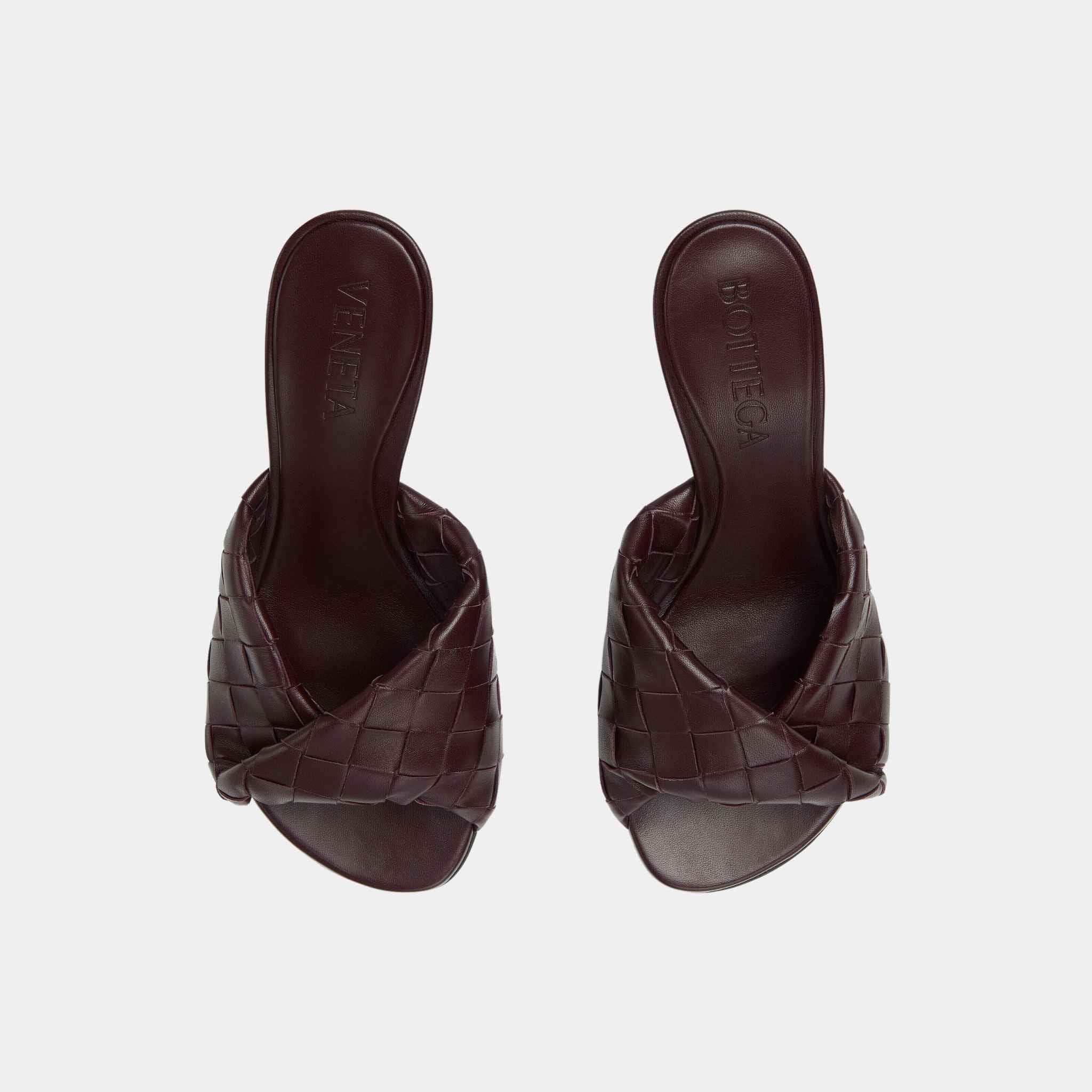 Bottega Veneta Blink Mule High Heel Folded Detail Intrecciato Leather, Dark Barolo, Top