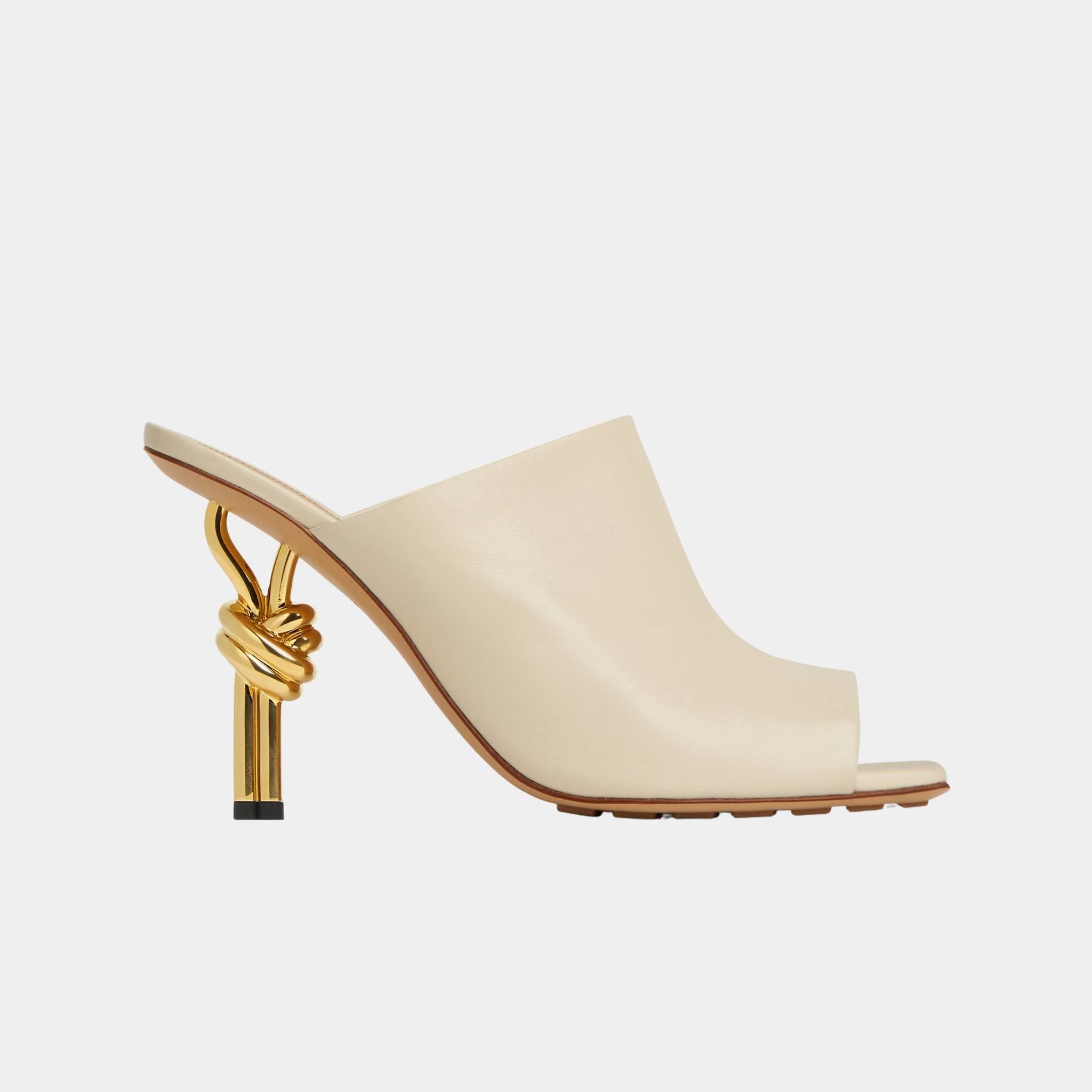 Bottega Veneta Knot High-Heel Mule Lambskin Gold Metal Knot Heel, Sea Salt, Side