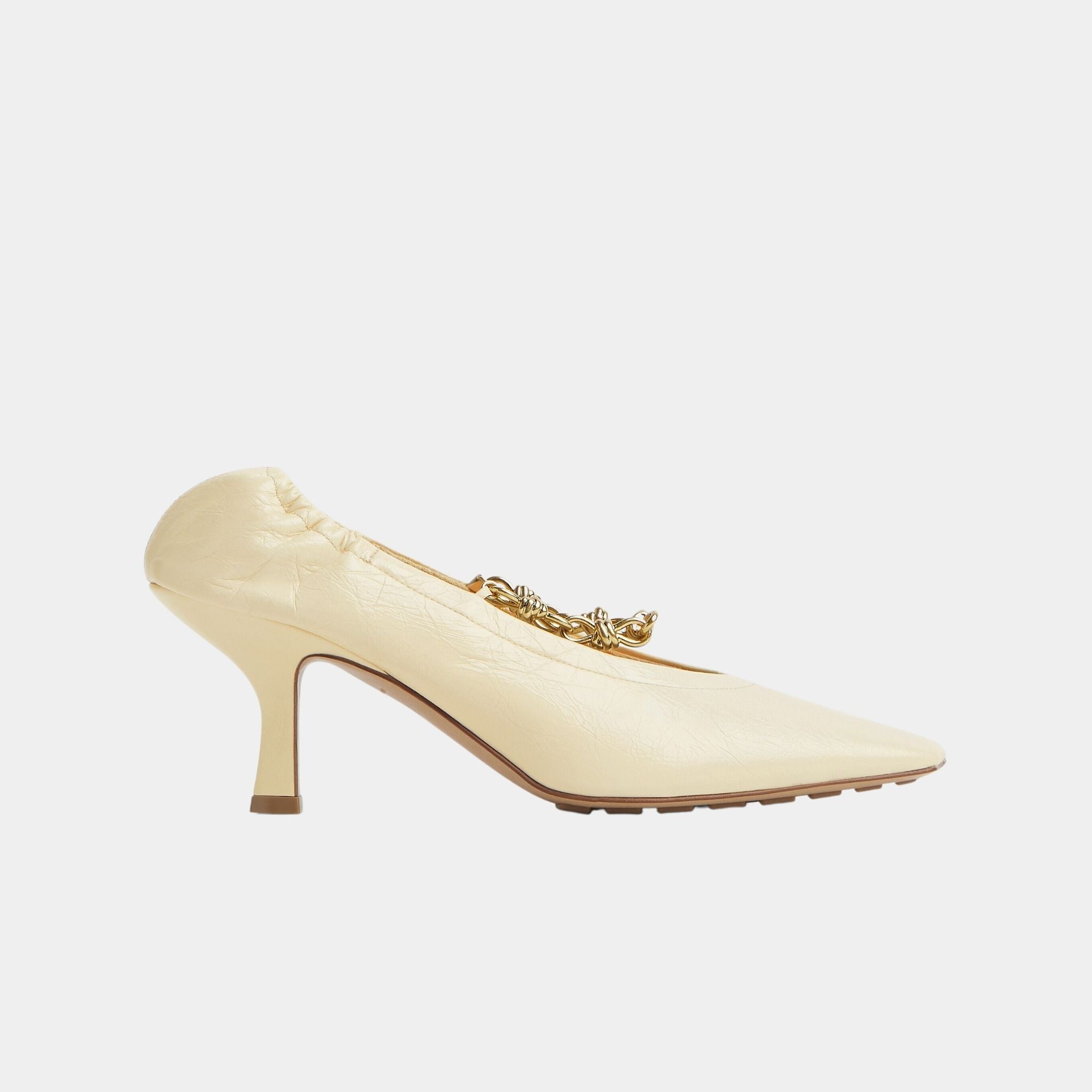 Bottega Veneta Sharp Chain Crinkled Calfskin Pump, Sea Salt, Side