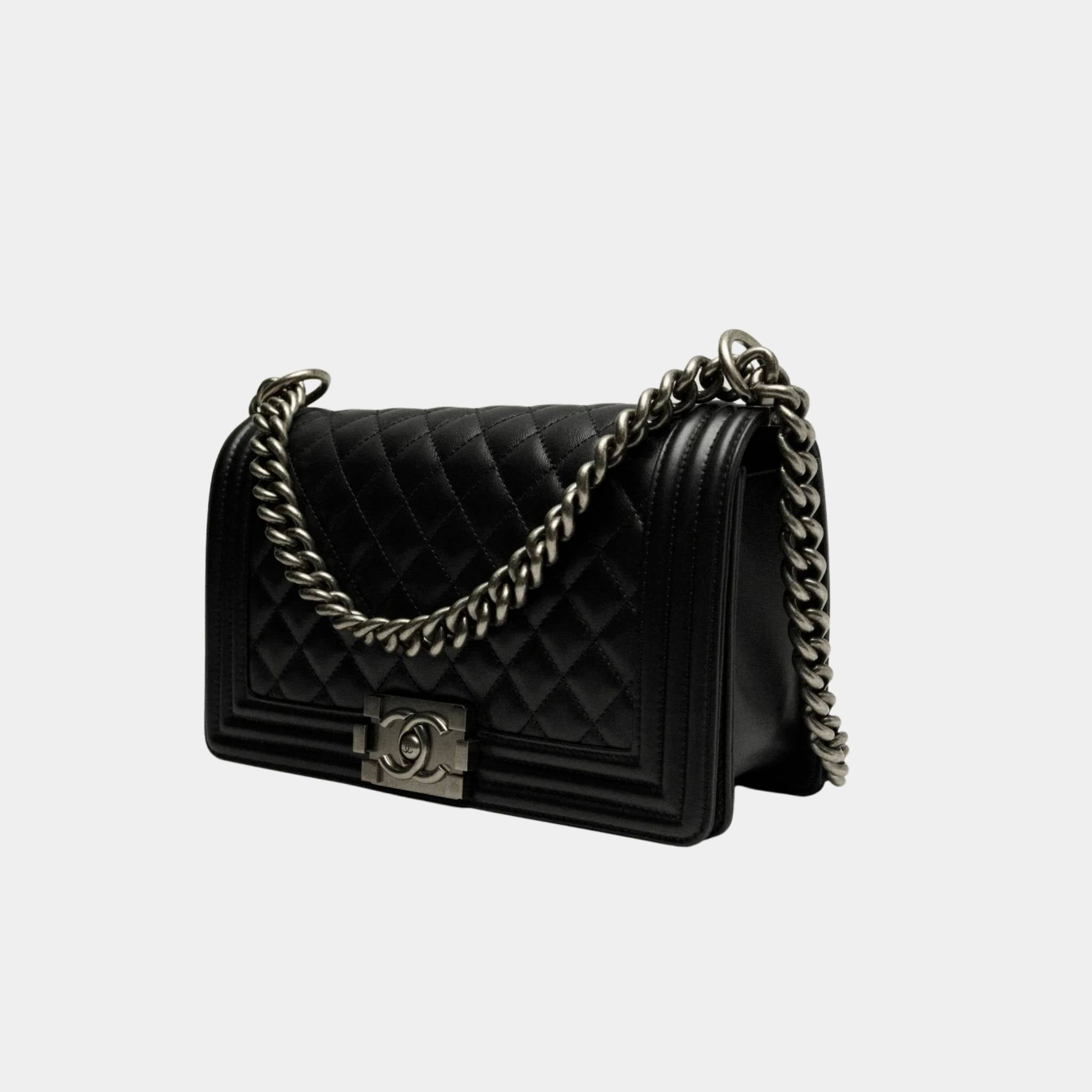 BOY CHANEL Handbag Calfskin Ruthenium-Finish Metal Black, Side