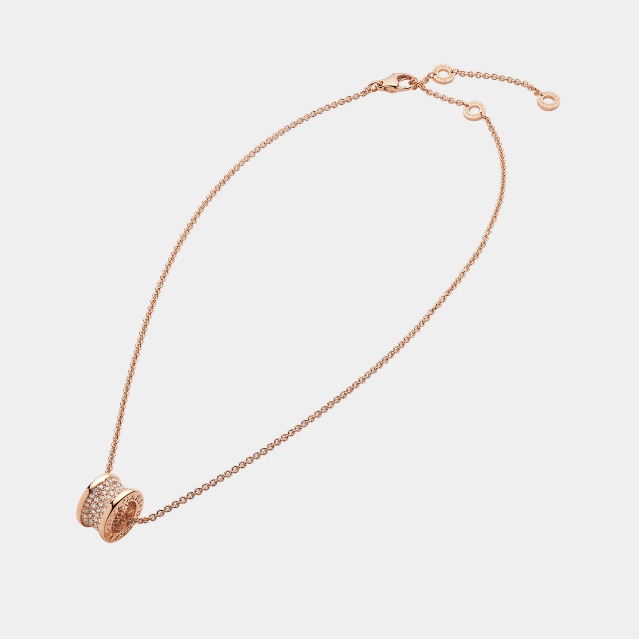 Bvlgari B.zero1 Gold Pendant Necklace-Pavé Diamonds set on spiral, Rose Gold, Far