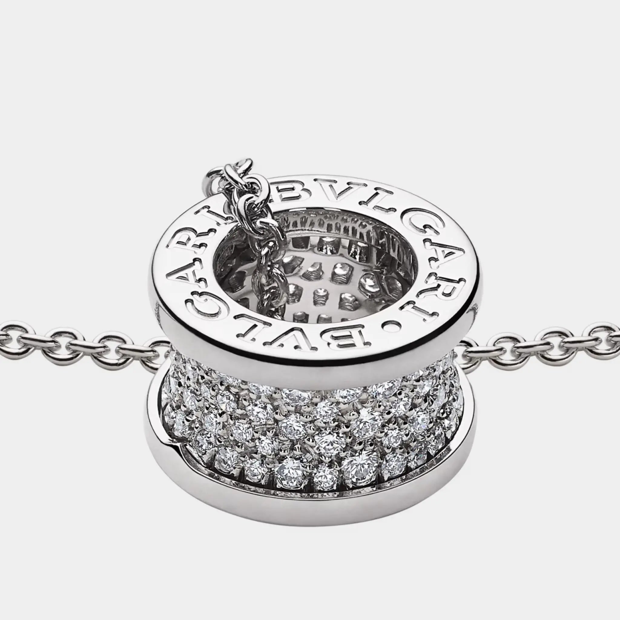 Bvlgari B.zero1 Gold Pendant Necklace-Pavé Diamonds set on spiral, White Gold, Closeup