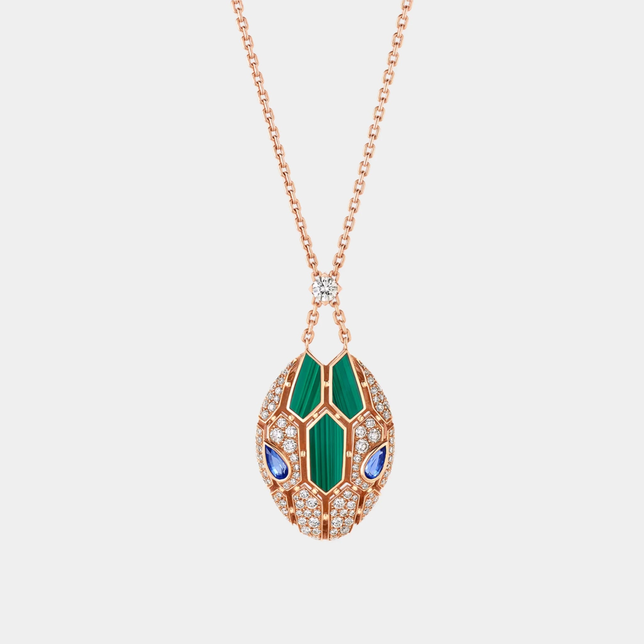 Bvlgari Serpenti Seduttori Necklace with Sapphire Malachite & Diamonds, Rose Gold, Front