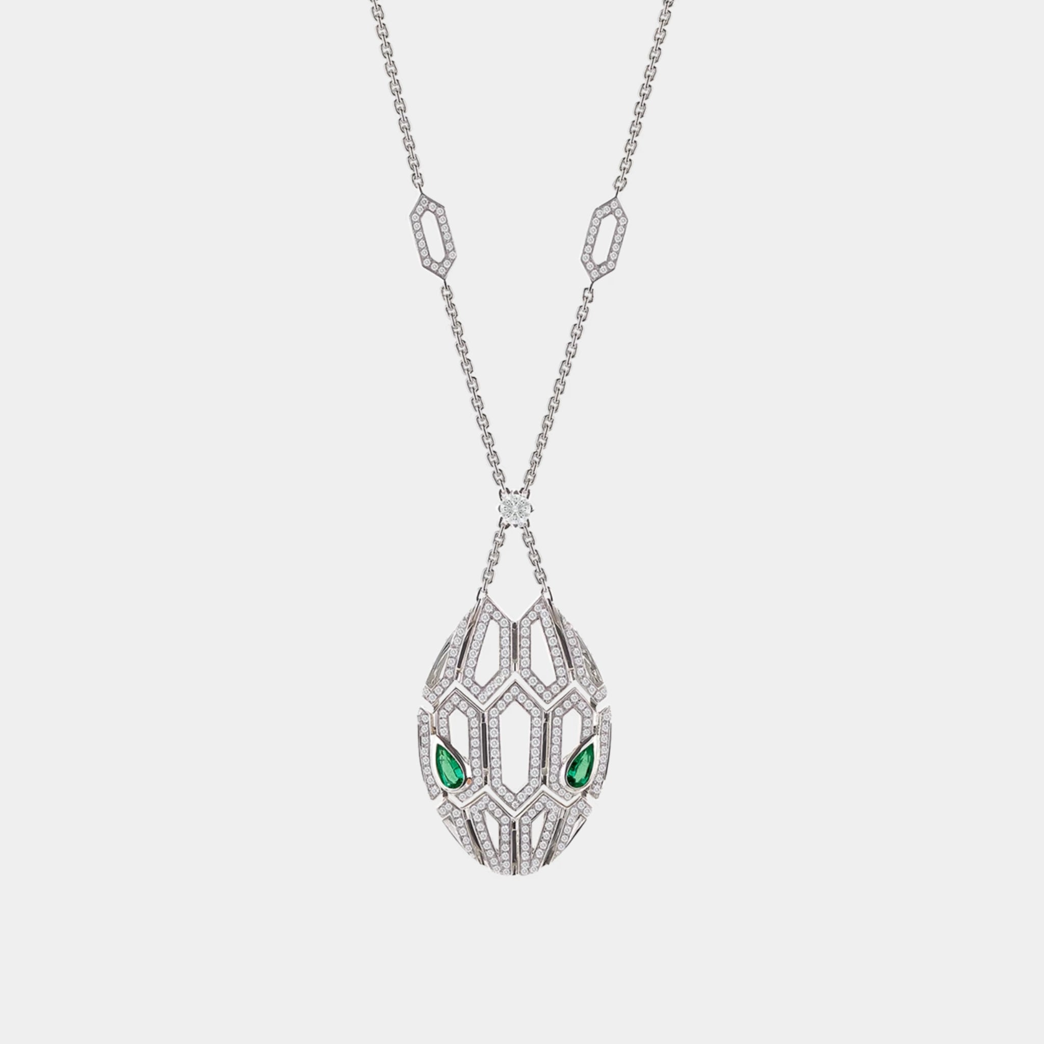 Bvlgari Serpenti Seduttori Pendant Necklace Emerald & Pave Diamonds, White Gold, Front