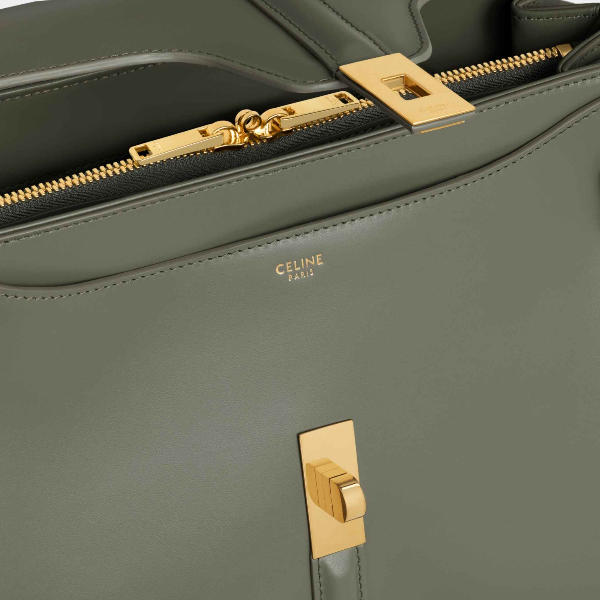 Celine Classique 16 Bag In Satinated Calfskin Handbag, Fall Green, Close Up View