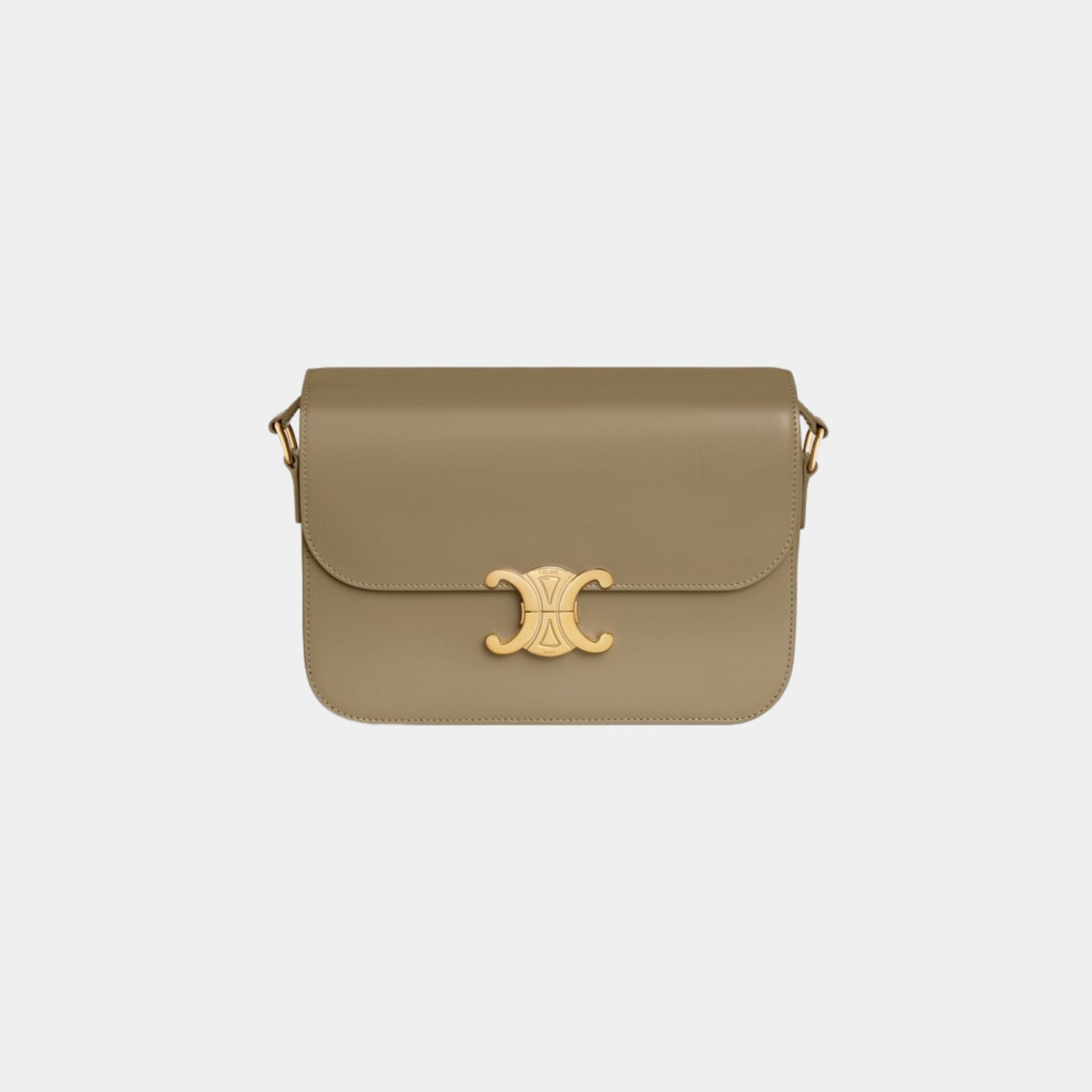 Celine Classique Triomphe Bag In Shiny Calfskin Handbag, Brown Sepia