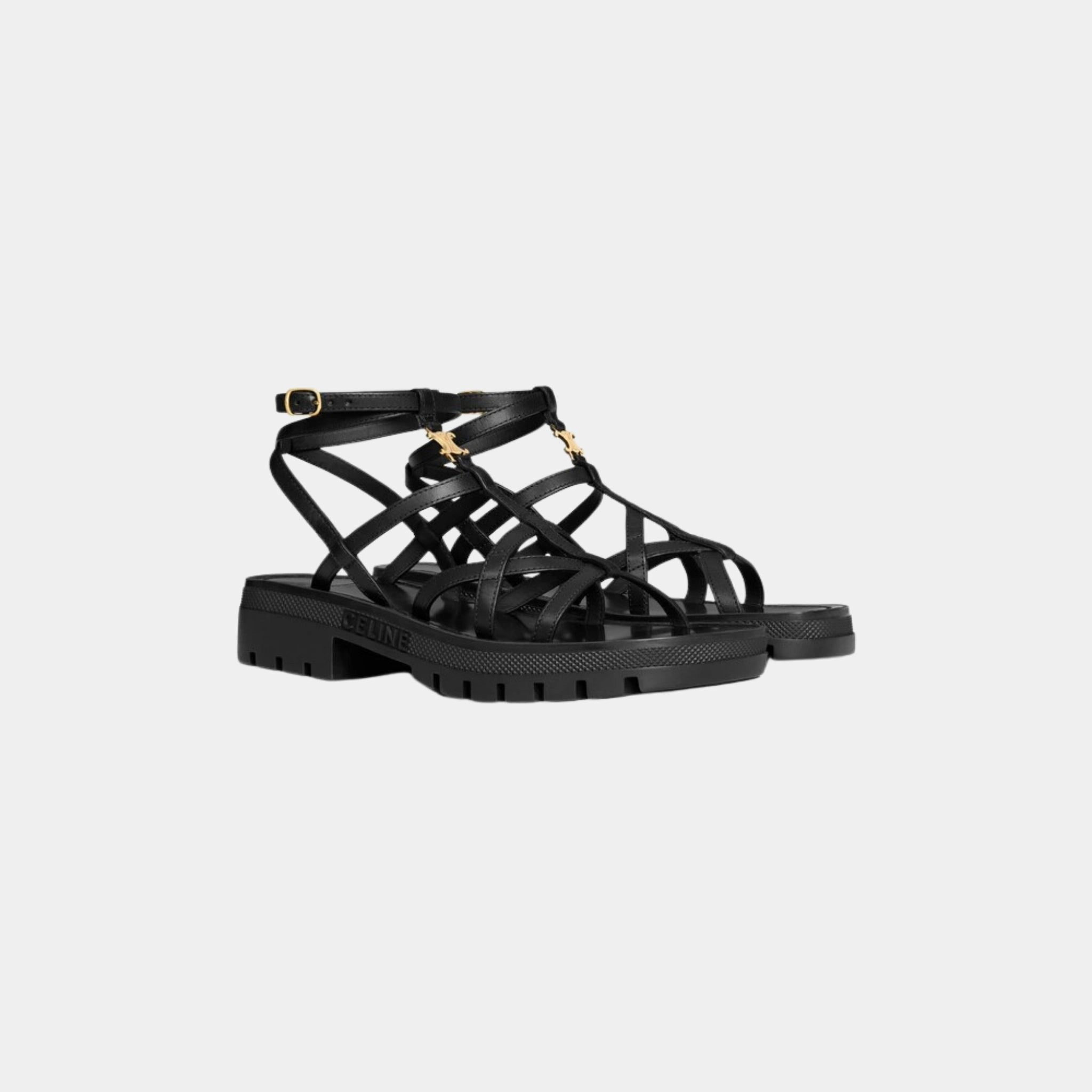 Celine Clea Triomphe Strappy Sandal in Calfskin, Black, Front