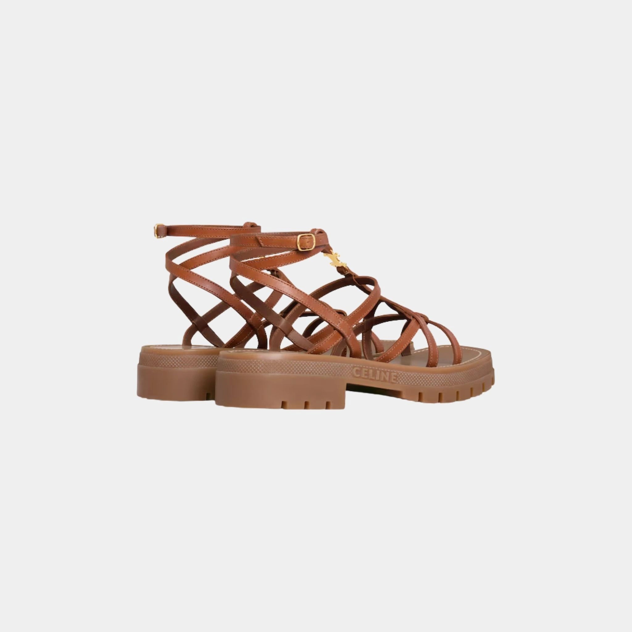 Celine Clea Triomphe Strappy Sandal in Calfskin, Tan, Back