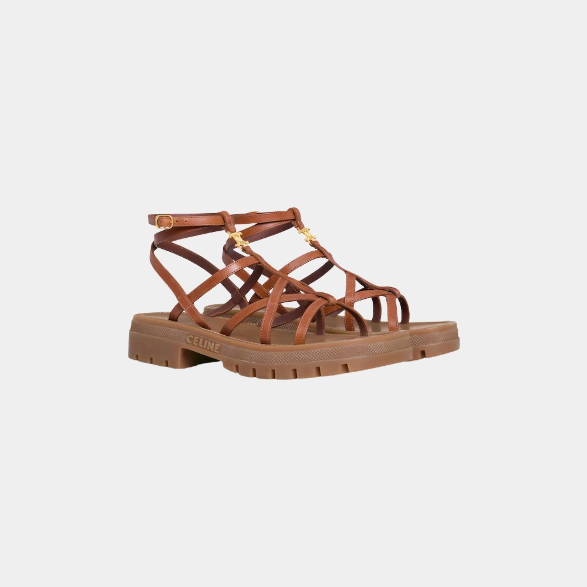 Celine Clea Triomphe Strappy Sandal in Calfskin, Tan, Front