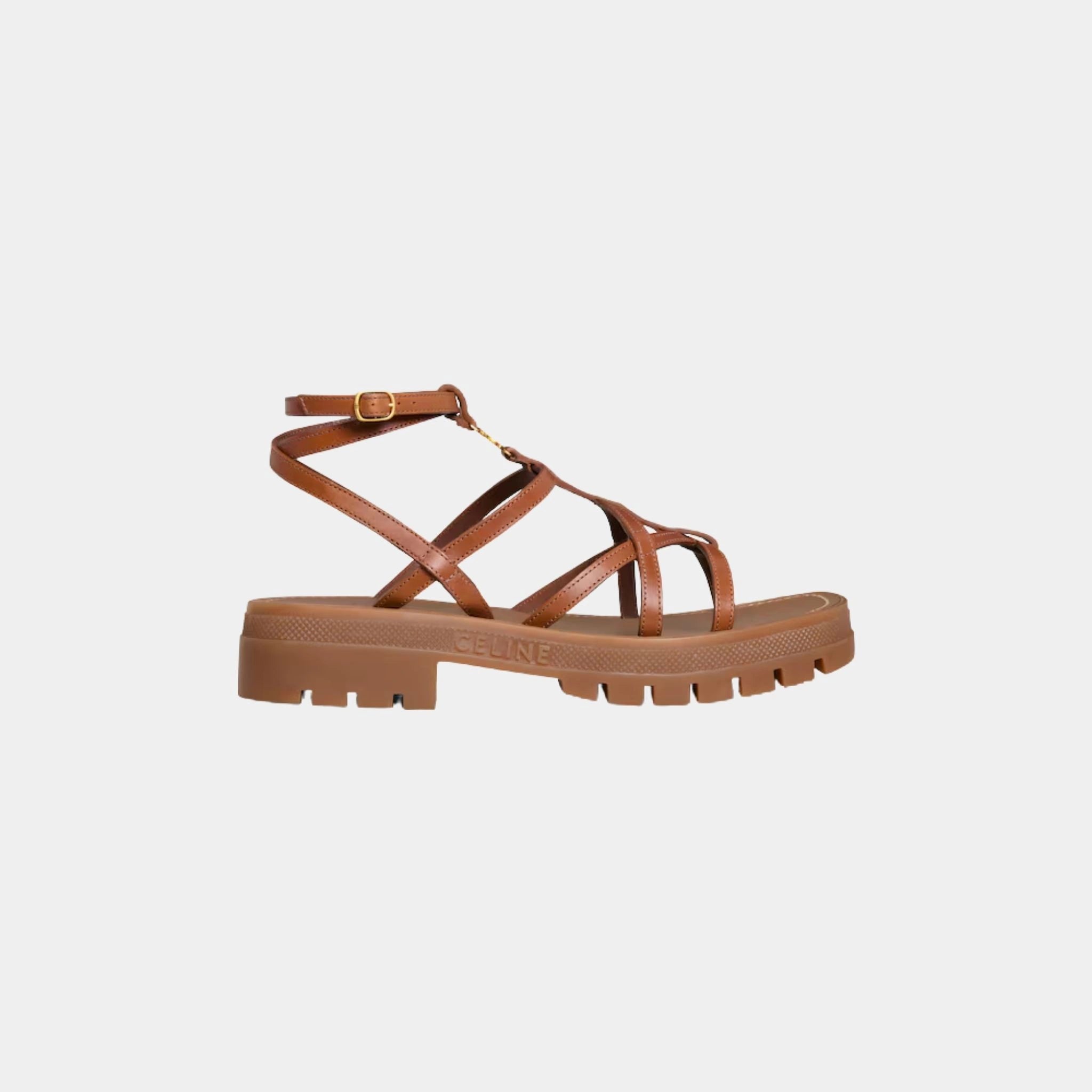 Celine Clea Triomphe Strappy Sandal in Calfskin, Tan, Side