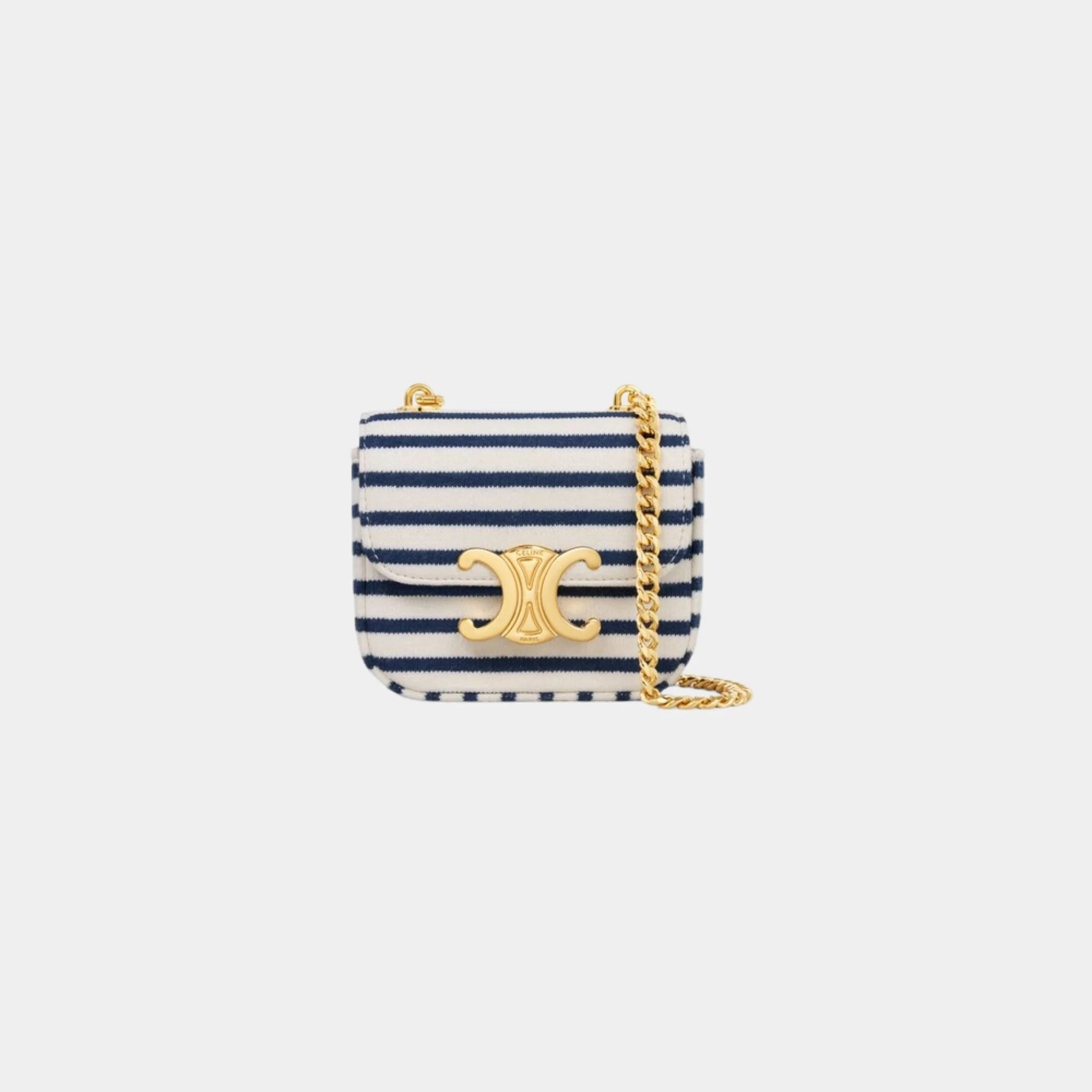 Celine Mini Chain Claude in Striped Textile, Navy, Tan, Front