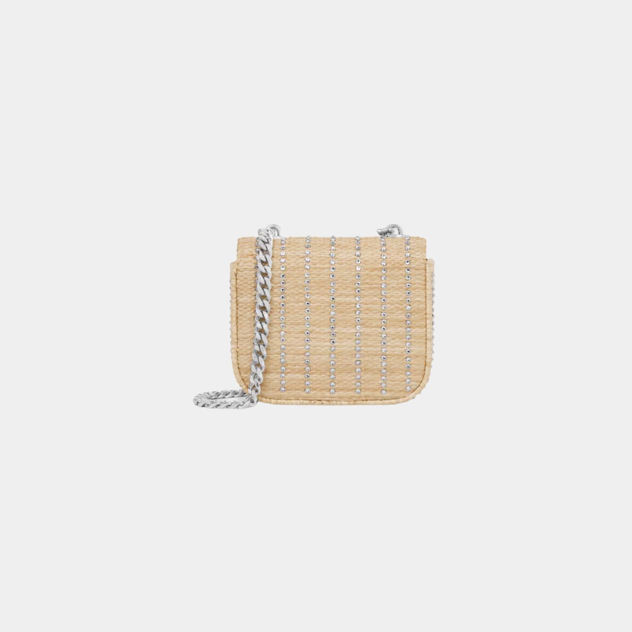 Celine Mini Chaine Claude in Raffia Effect Textile with Strass, Naturel, Back