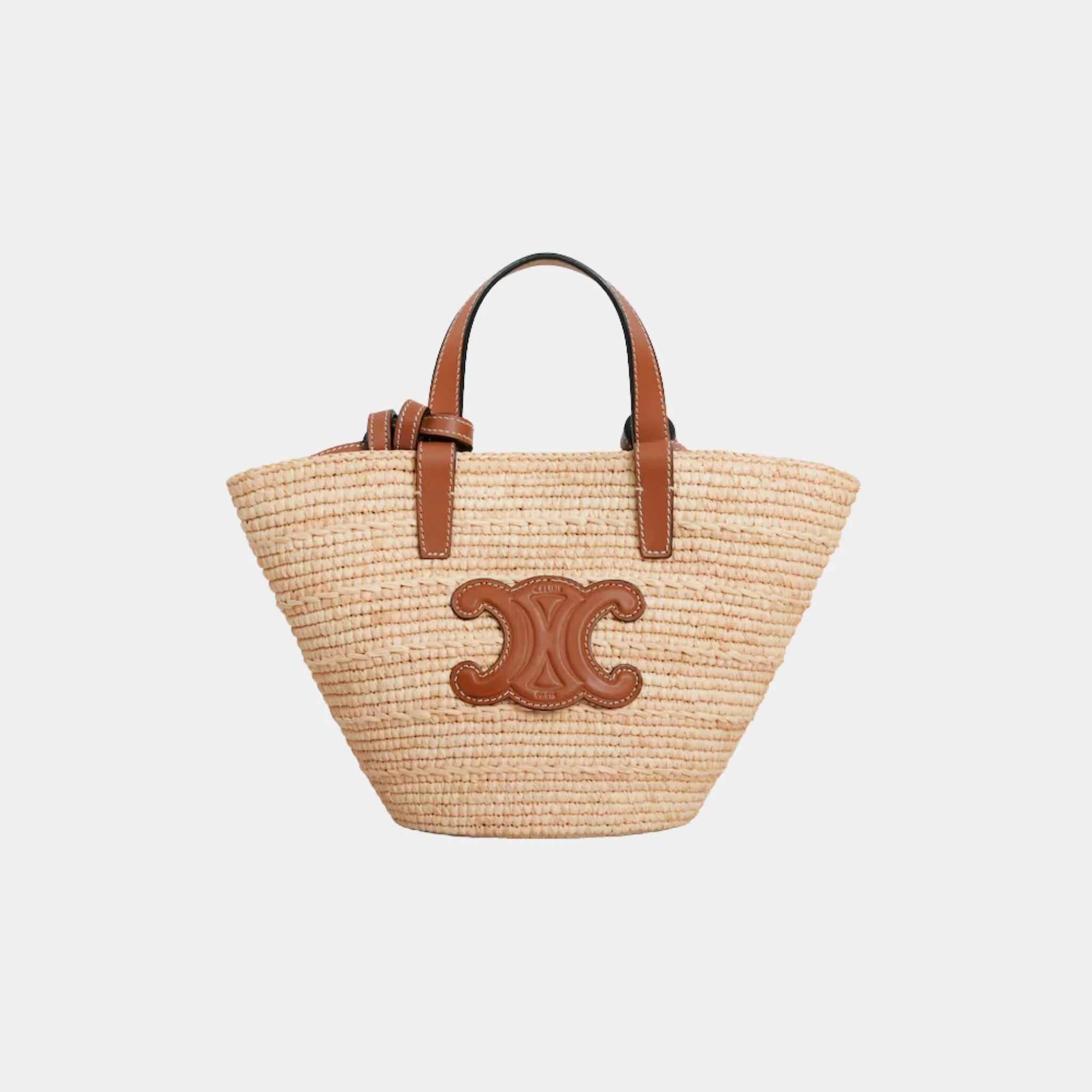 Celine Nano Supple Celine Classic Panier in Raffia and Calfskin, Naturel, Tan, Front