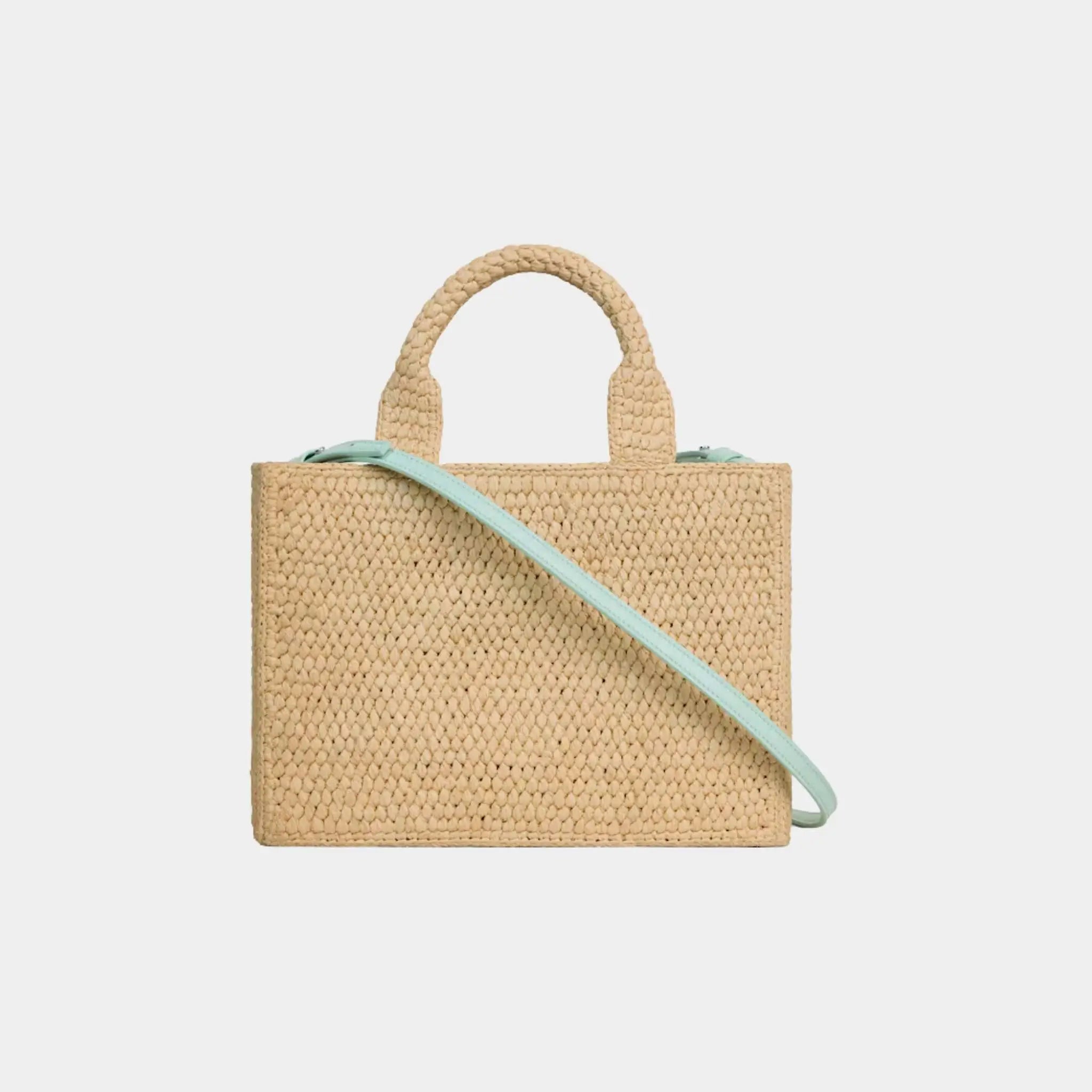 Celine Small Cabas Thais in Raffia and Calfskin, Light Acqua, Back