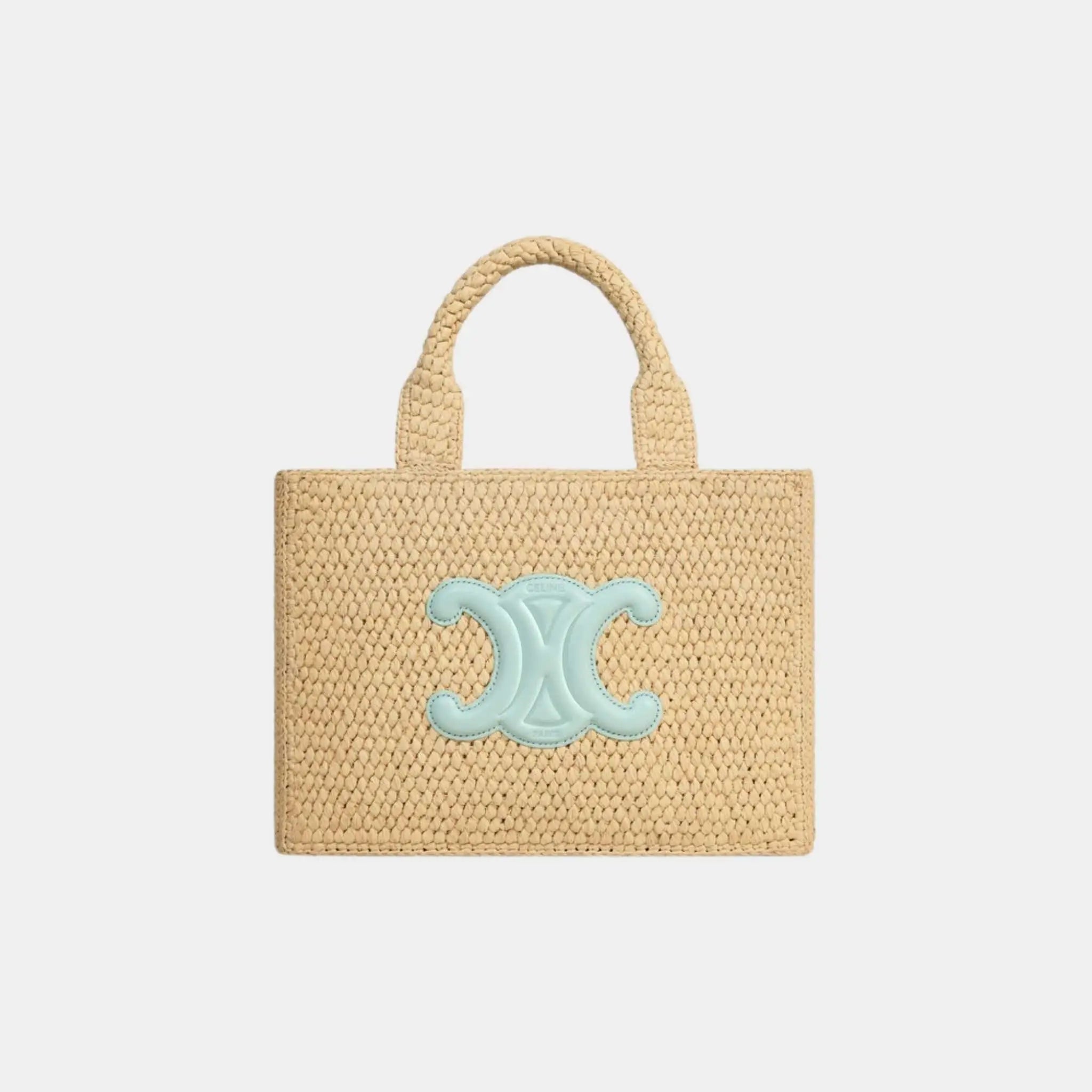 Celine Small Cabas Thais in Raffia and Calfskin, Light Acqua, Front