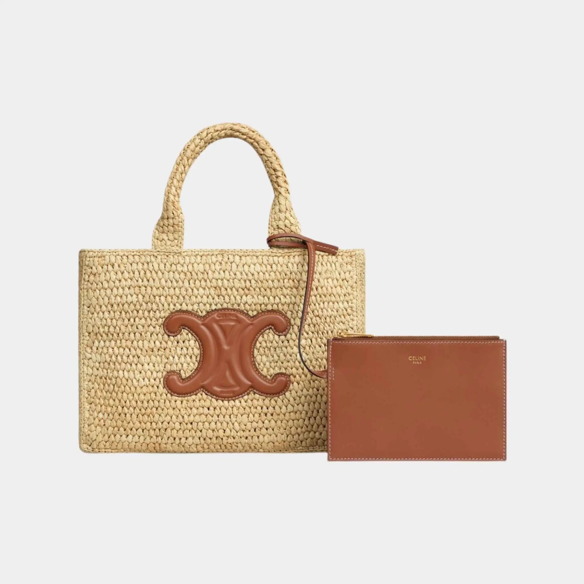 Celine Small Cabas Thais in Raffia and Calfskin, Tan, Set