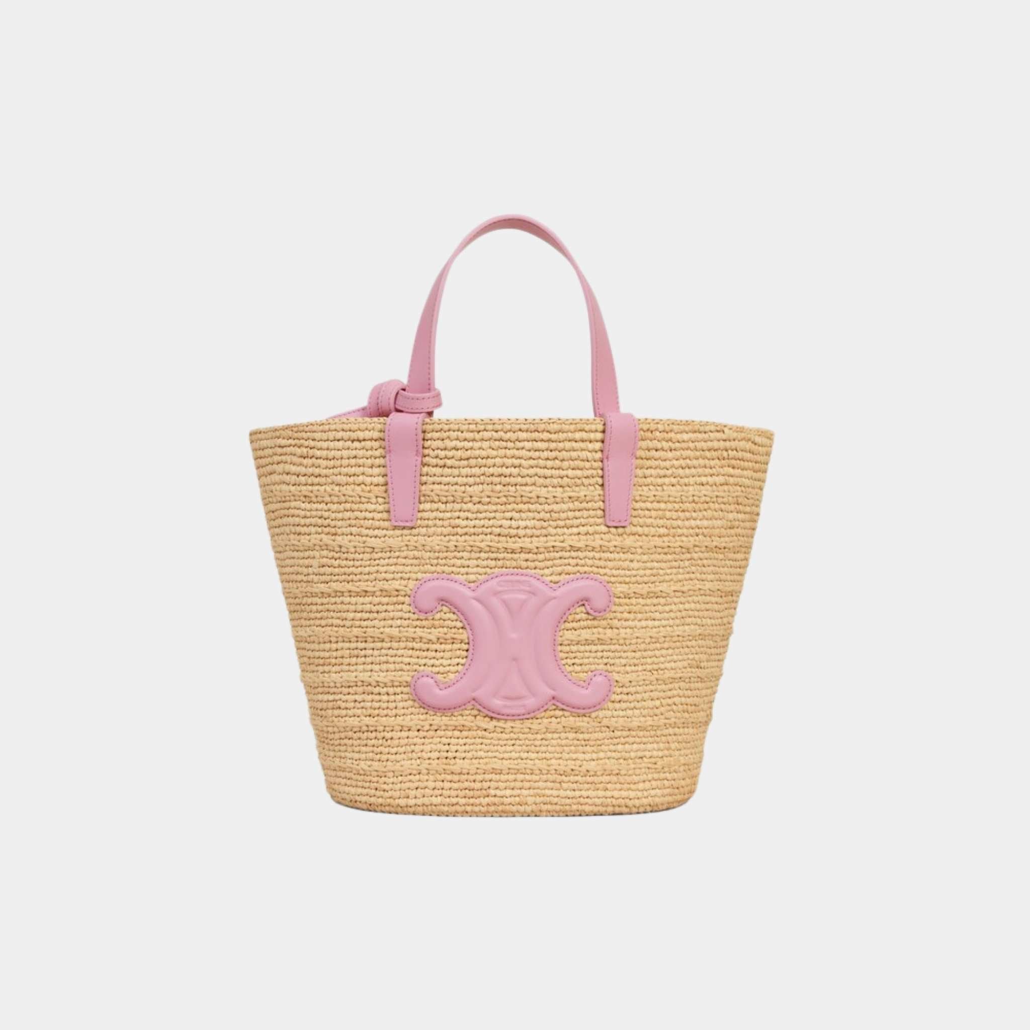 Celine Teen Supple Celine Classic Panier In Raffia And Calfskin Bag, Pink, Front