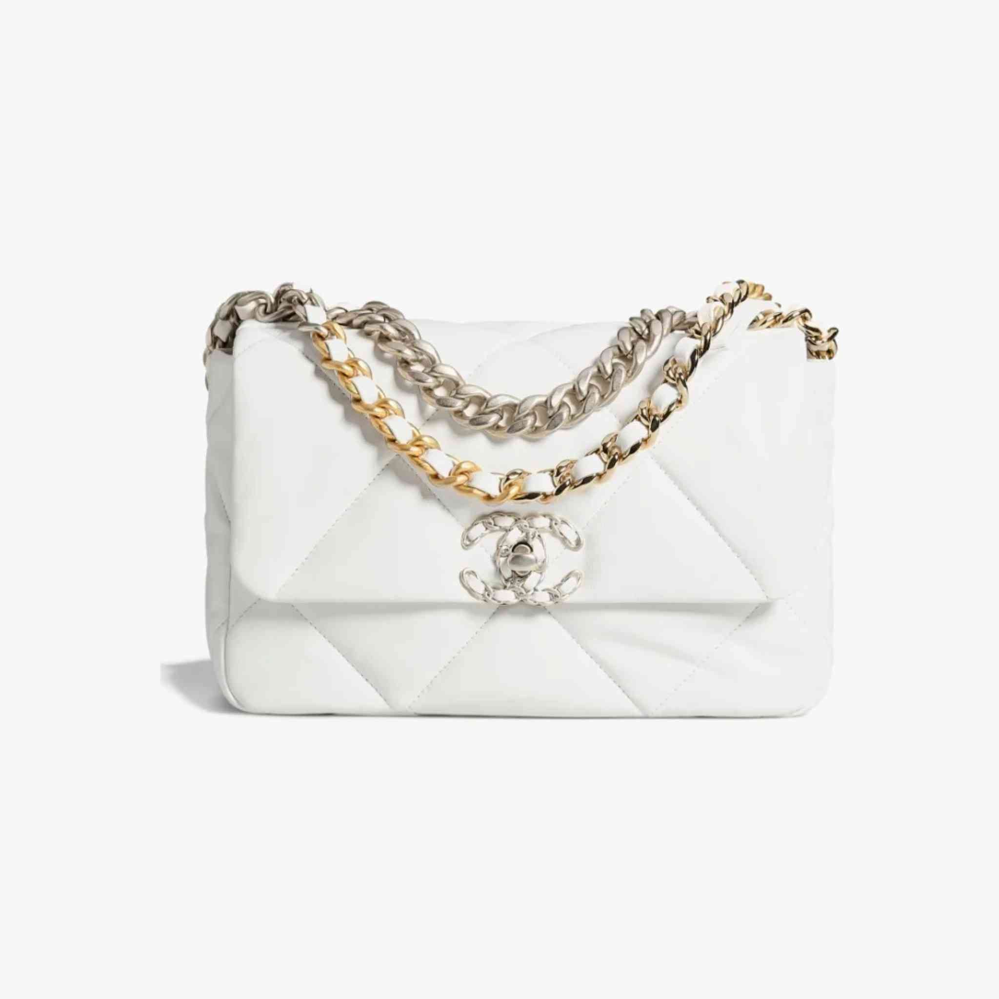 Chanel 19 Handbag Shiny Lambskin , White, Front