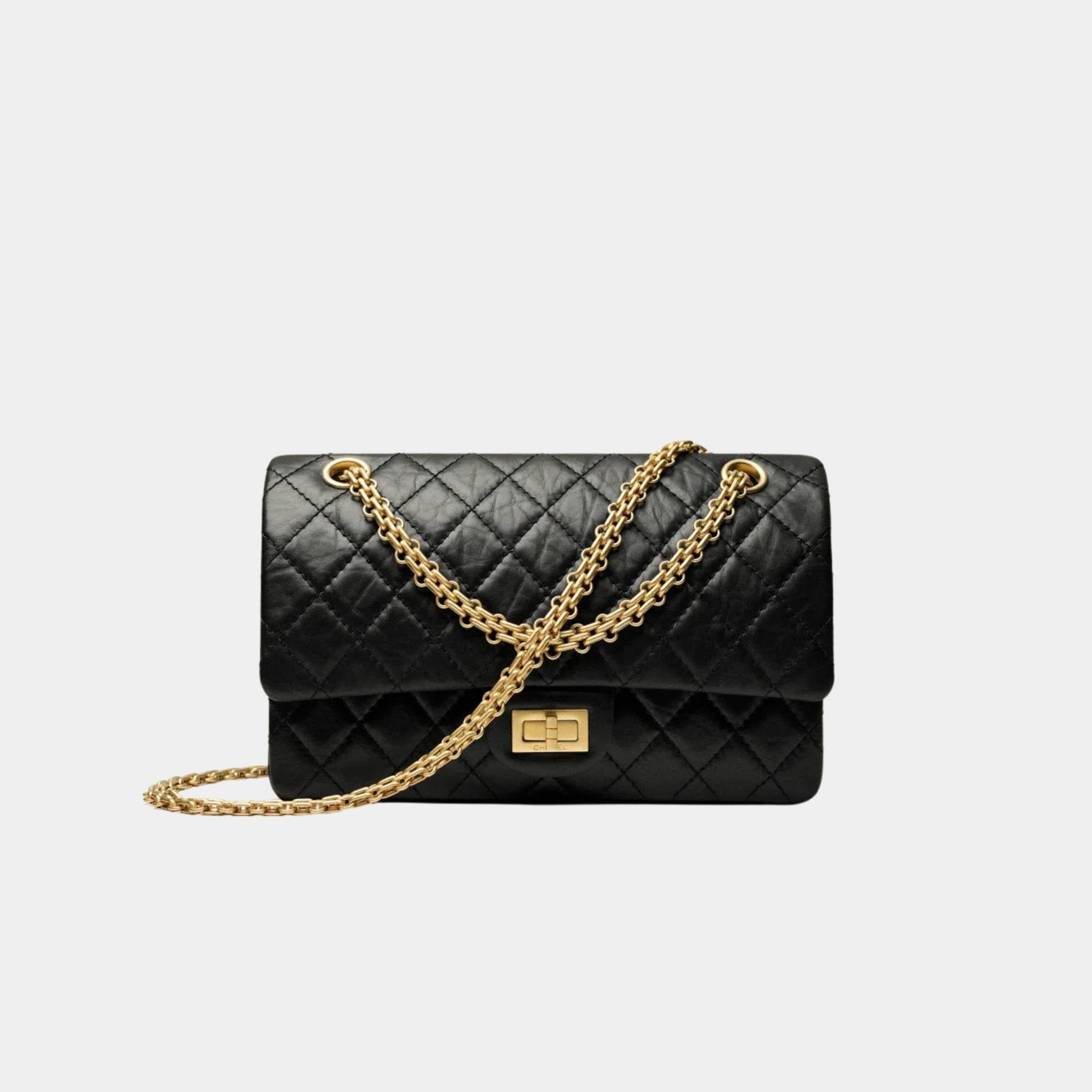 Chanel 2.55 Handbag Aged Calfskin Gold Tone Metal Black, Front