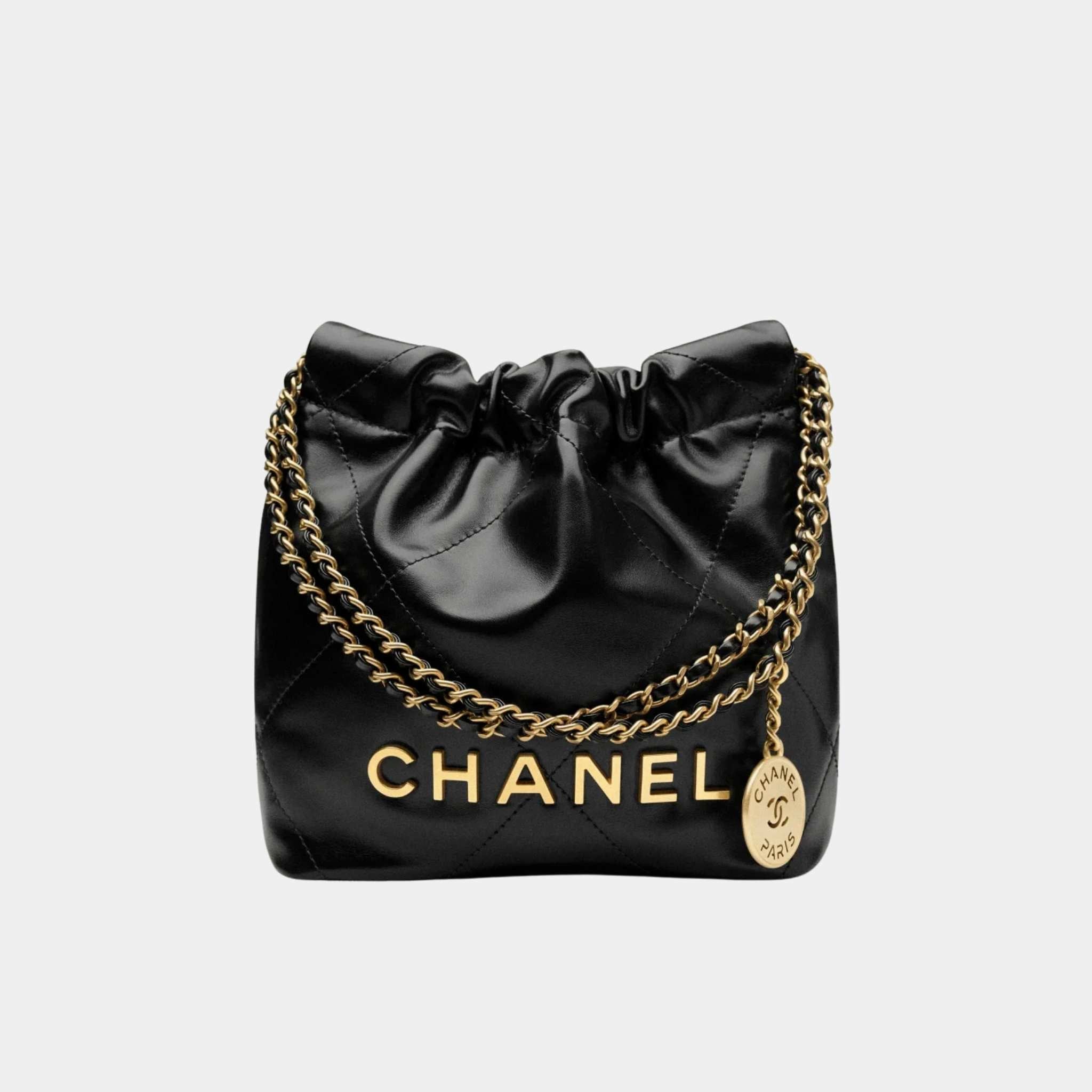 CHANEL 22 Handbag Shiny Calfskin Gold Tone Metal Black, Front