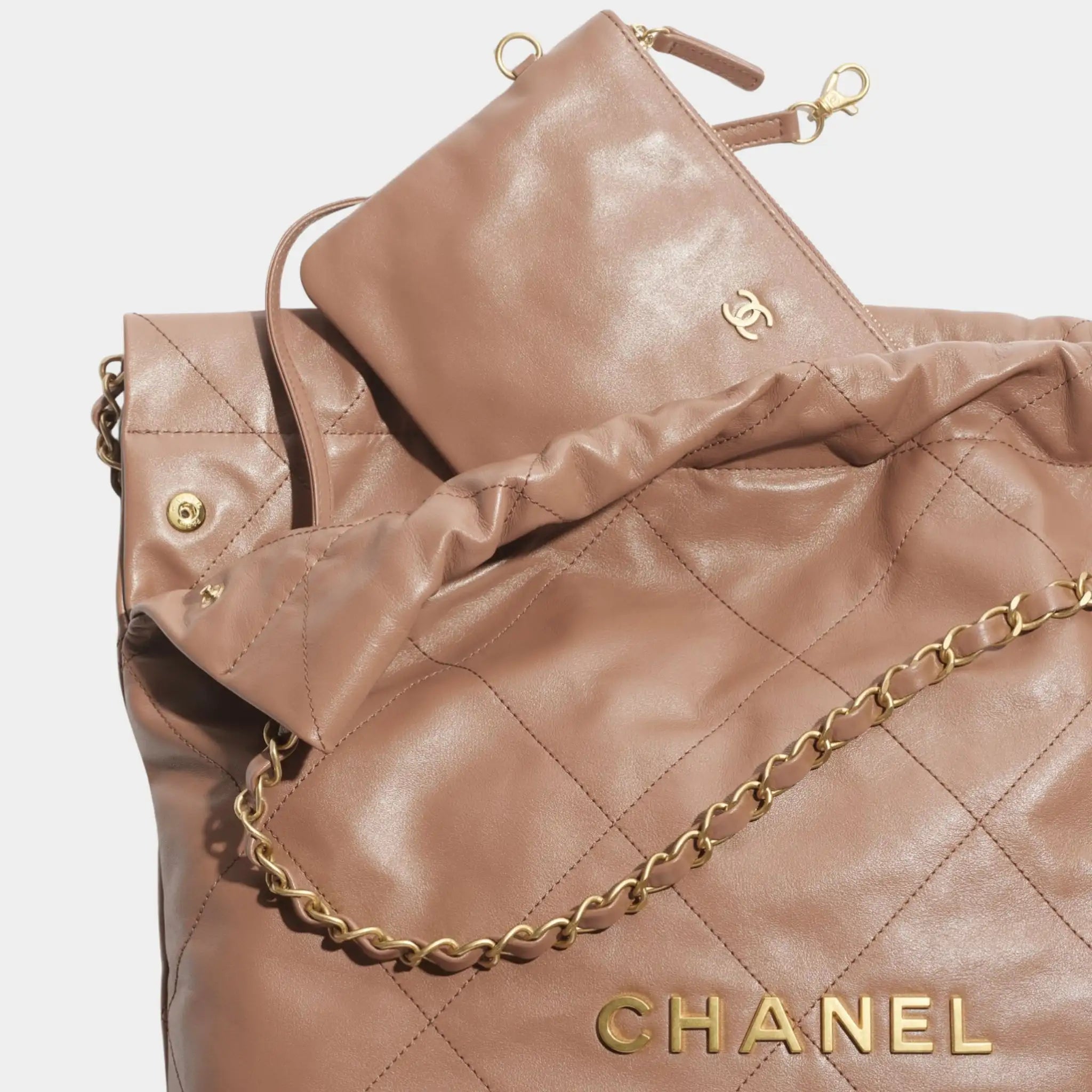 Chanel 22 Handbag Shiny Calfskin & Gold Tone Metal, Closeup