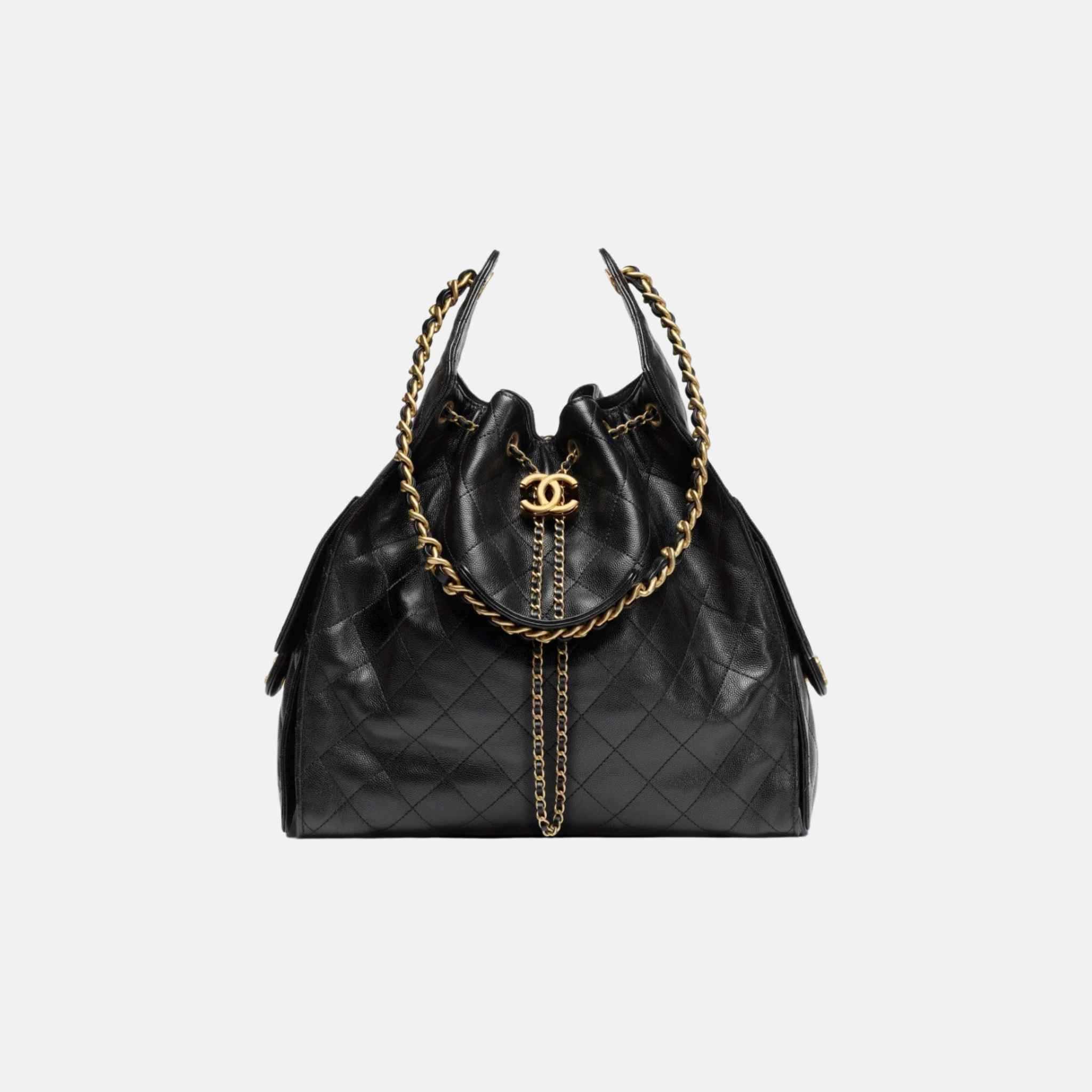 Chanel 25 Medium Handbag Grained Calfskin And Gold-Tone Metal, Black, Front View